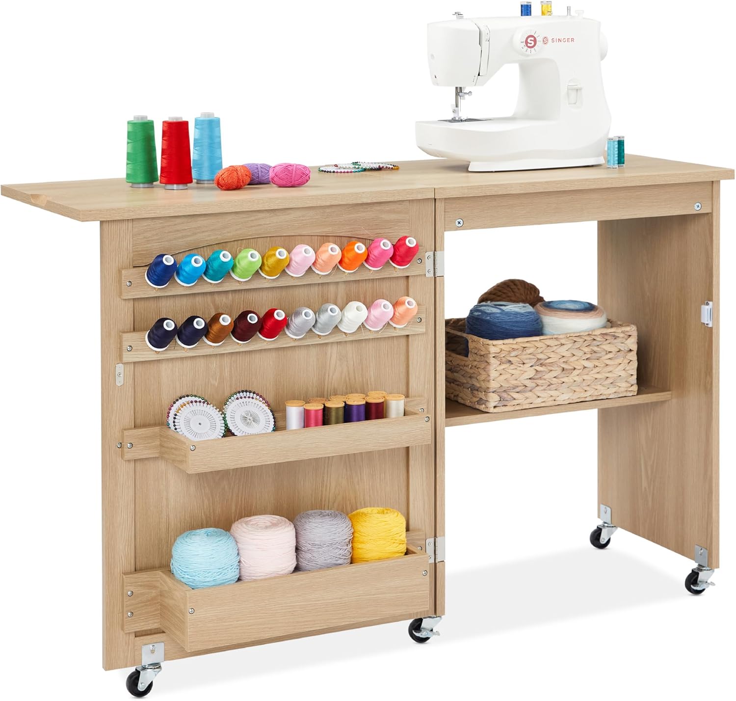 Best Choice Products Folding Sewing Table Multipurpose Craft Station & Side Desk with Compact Design, Wheels, Shelves, Storage Trays, Pegs