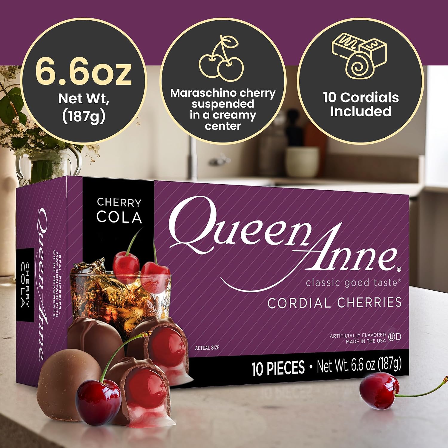 Queen Anne French Vanilla Chocolate Covered Cordial Cherries | 6.6 oz | 10 Piece Gift Boxes | Whole Maraschino Cherry Creamy Filled Liquid Center | Holiday Party Chocolate Candy