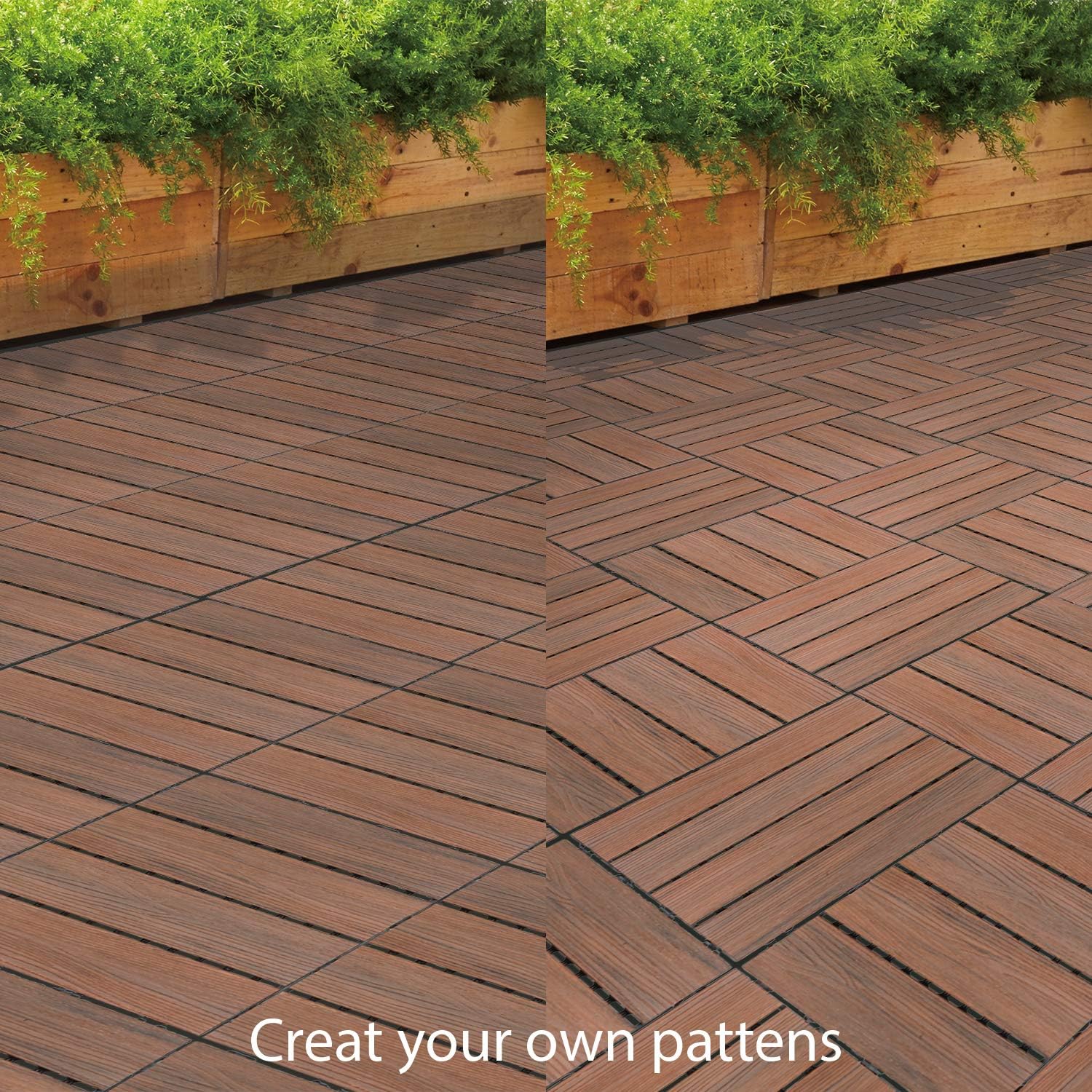 ECOOPTS 12"x12" Interlocking Deck Tiles Patio Floor Tiles Outdoor Flooring Wood Deck Tiles for Porch Balcony Backyard, 9 Slat x 15 Boxes, Brown