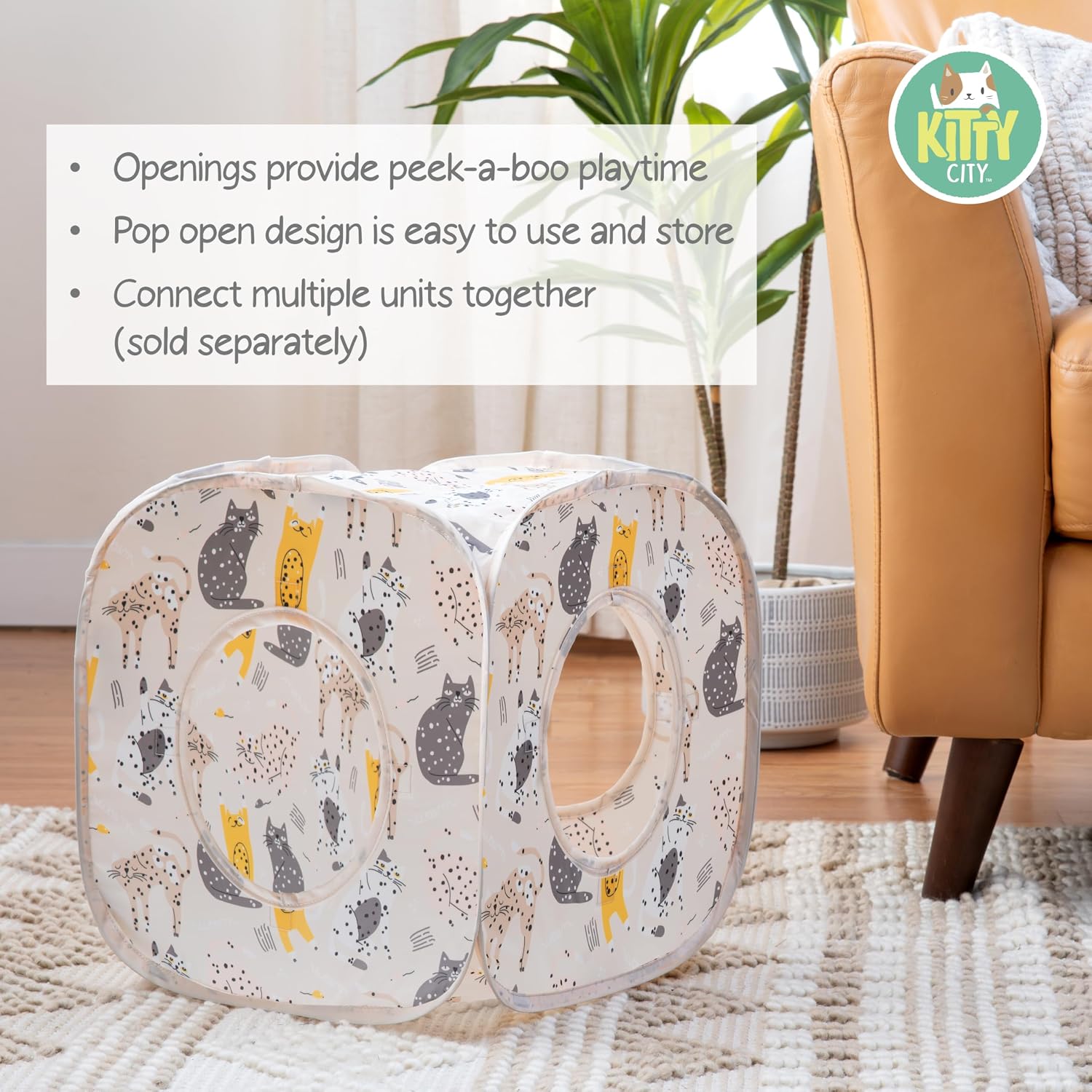 Kitty City Safari Jungle Pop-Up Cat Cube, Collapsible Indoor Cat Hideout & Play Cube with Peekaboo Openings, Easy Storage, 15” x 15” x 15”