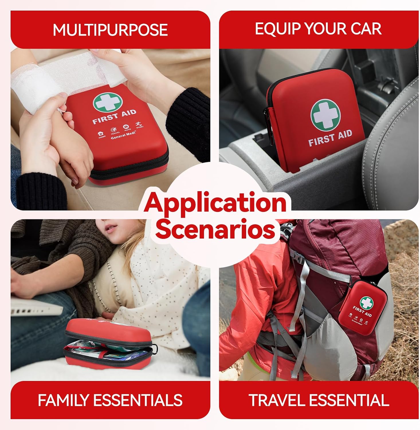General Medi First Aid Kit - 170 Pieces Hard Case and Lightweight - Great for Travel, Home, Office, Vehicle, Camping, Workplace & Outdoor (Red)