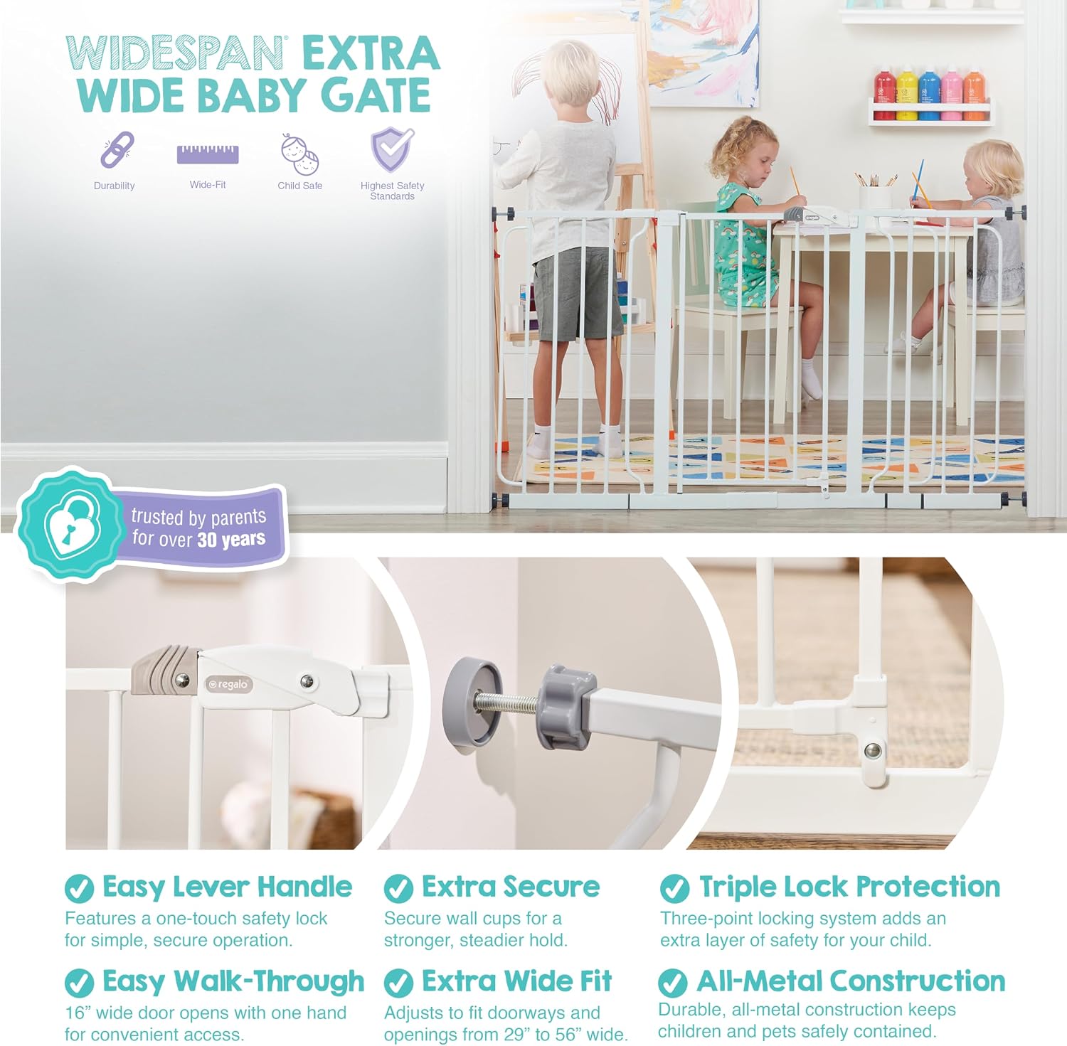 Regalo Safety 29"-49" Extra Wide Baby Gate, Bottom of Stairs & Doorways | Pressure Mounted with Door, For Babies, Toddlers & Pets, White, Tested & Trusted for 30 Years