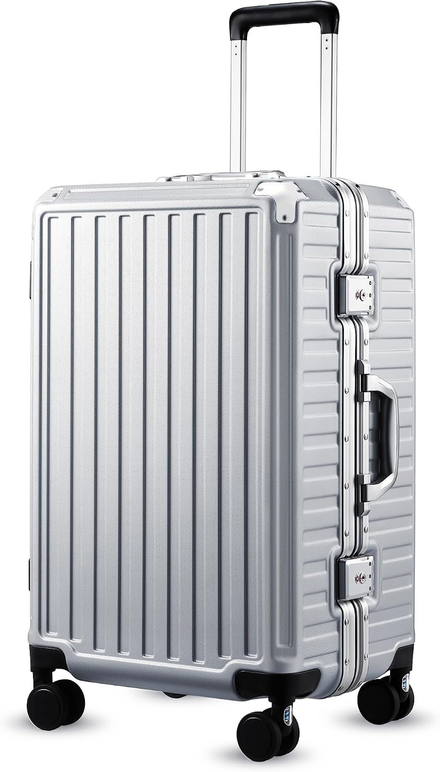 LUGGEX Zipperless Checked Suitcase, Aluminum Frame, Charcoal Metallic, 28" | Checked Luggage, 100% PC Hard Shell, 8010S Aluminum Frame, 8 Spinner Wheels, TSA Lock, Hard Shell, ZX-Core