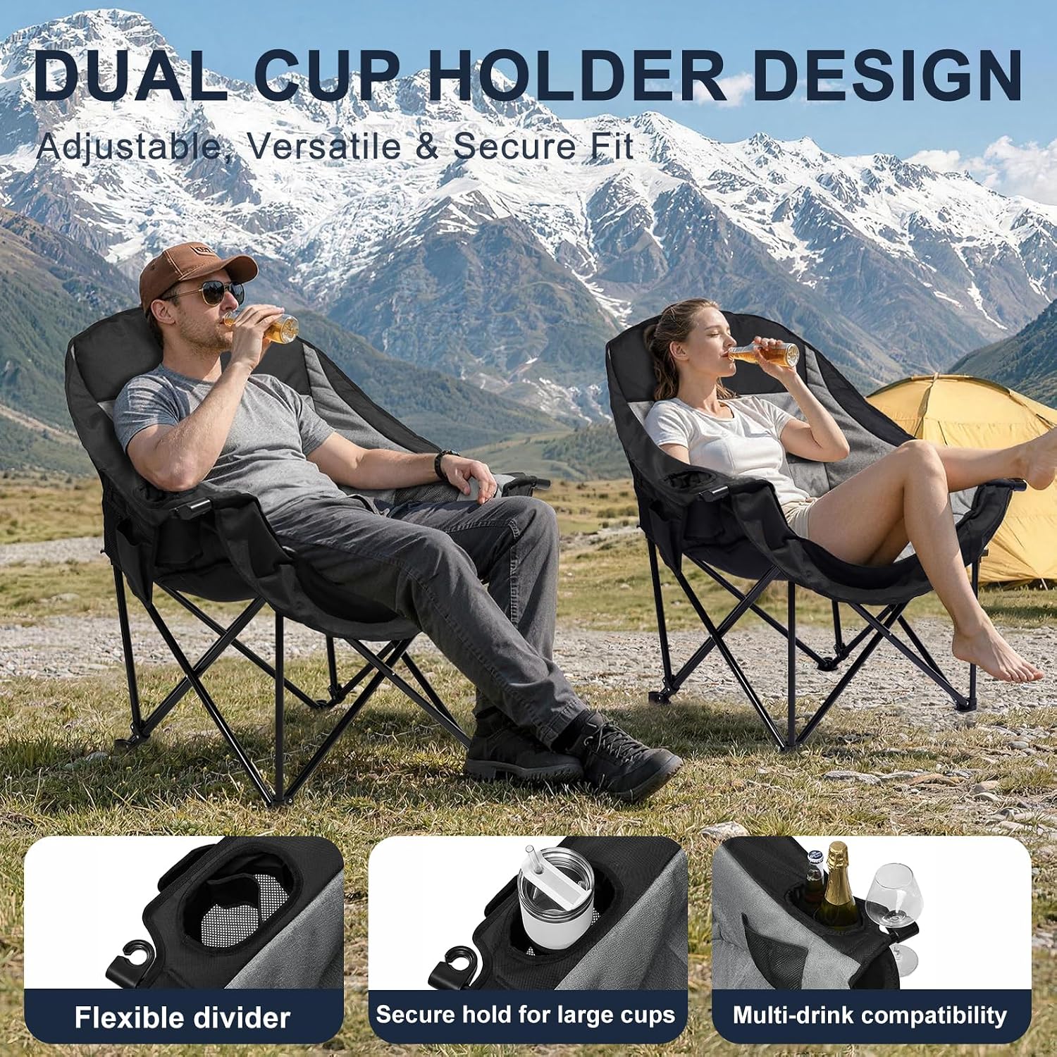 Oversized Camping Chairs for Adult - Heavy Duty Padded Portable Folding Chair XL Collapsible Camp Chair with Cup Holder Side Pocket for Outdoor Lawn Beach Sport Fishing Support 500LBS, Grey