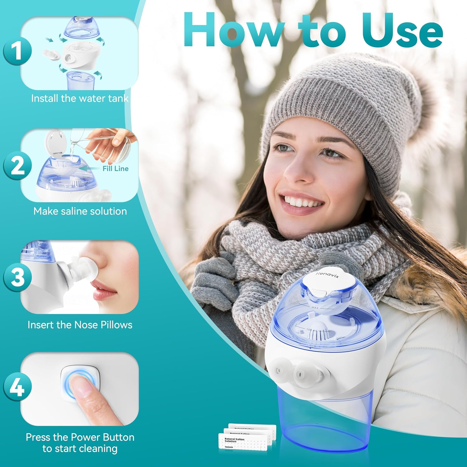 Rechargeable Nasal Irrigation System with 15 Saline Packets, Upgraded Sinus Rinse Kit with 40° Auto-Stop & Self-Cleaning, Nose Cleaner for Relieving Nasal Discomfort, Portable for Home & Travel