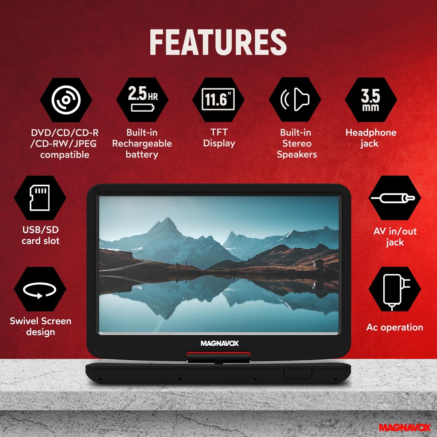 Magnavox MTFT754 Portable 11.6 Inch TFT Swivel Screen DVD/CD Player in Black | Rechargeable Battery | Swivel Screen Design | Great for Road Trips