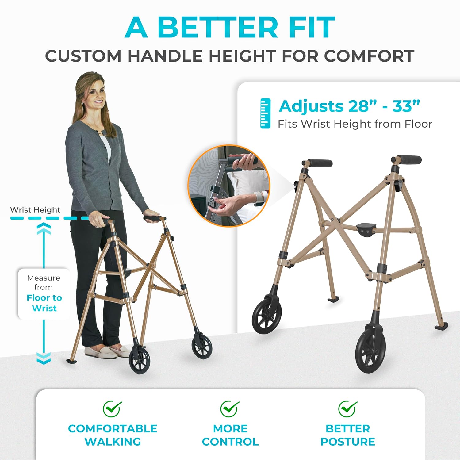 Stander Space Saver Walker Short, Lightweight Folding Rolling Mobility Aid for Juniors & Petite Adults