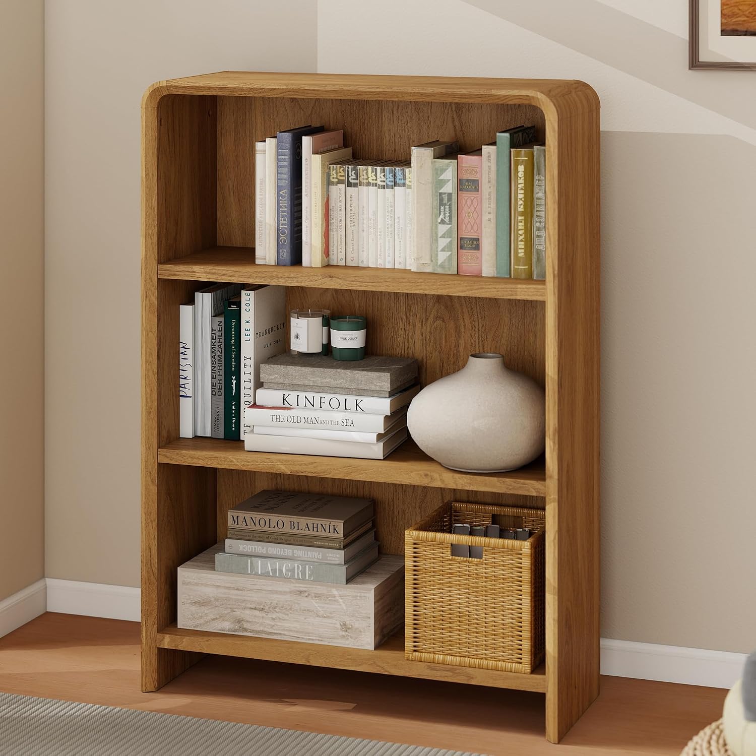 Bevfint 44" Bookcase Tall 3 Shelves Wood Bookshelf with Curved Soft Edges, Heavy Duty Storage Cabinet for Professional Home Office and Living Room, Modern Natural Oak Grain Finish