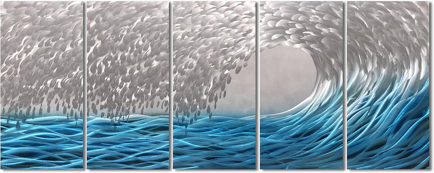 Yihui Arts Handcrafted 3D Metal Wall Art - Ocean Wave Sculpture, 5 - Panel Aluminum Decor for Living Room, Bedroom & Office
