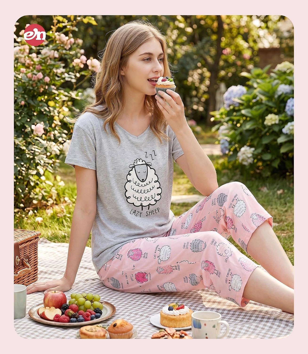 ENJOYNIGHT Womens Pajama Set Cotton Short Sleeve Top With Capri Pants Pj