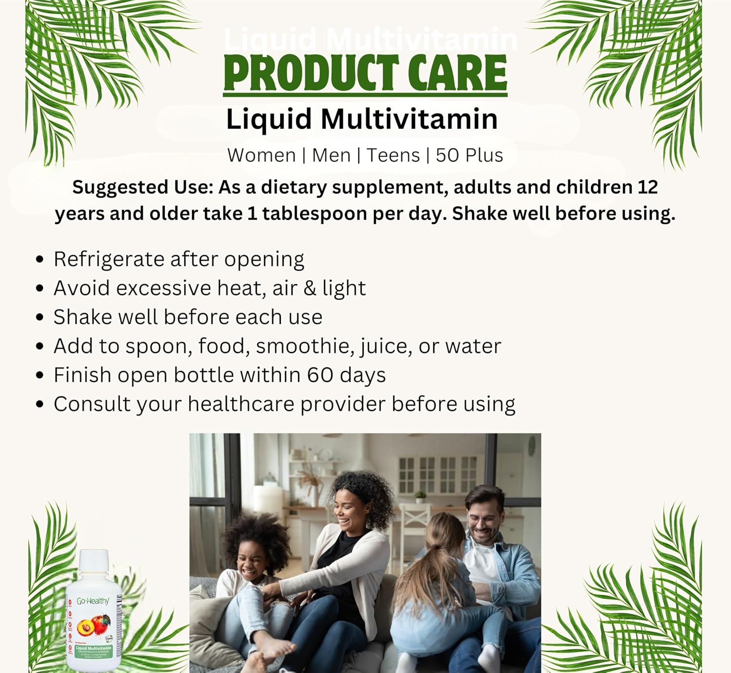 Go Healthy Liquid Multivitamin for Women, Men, Teens | Vegan Vitamin & Mineral Supplement | High Absorption | Premium Liquid Formula | Immune Support | Peach Mango Flavor | 32 Servings
