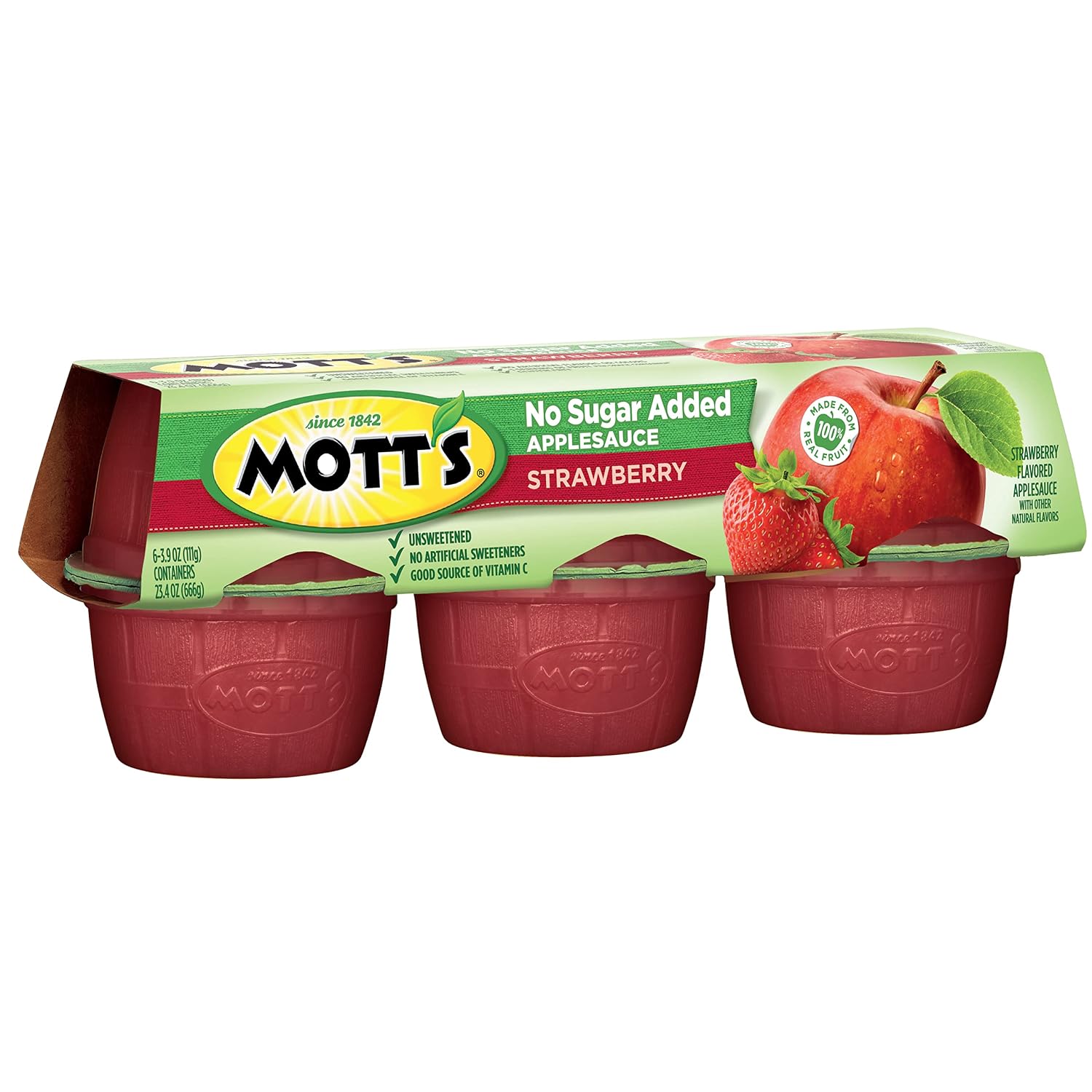 Mott's No Sugar Added Strawberry Applesauce, 3.9 Ounce Cup, 6 Count (Pack of 12)