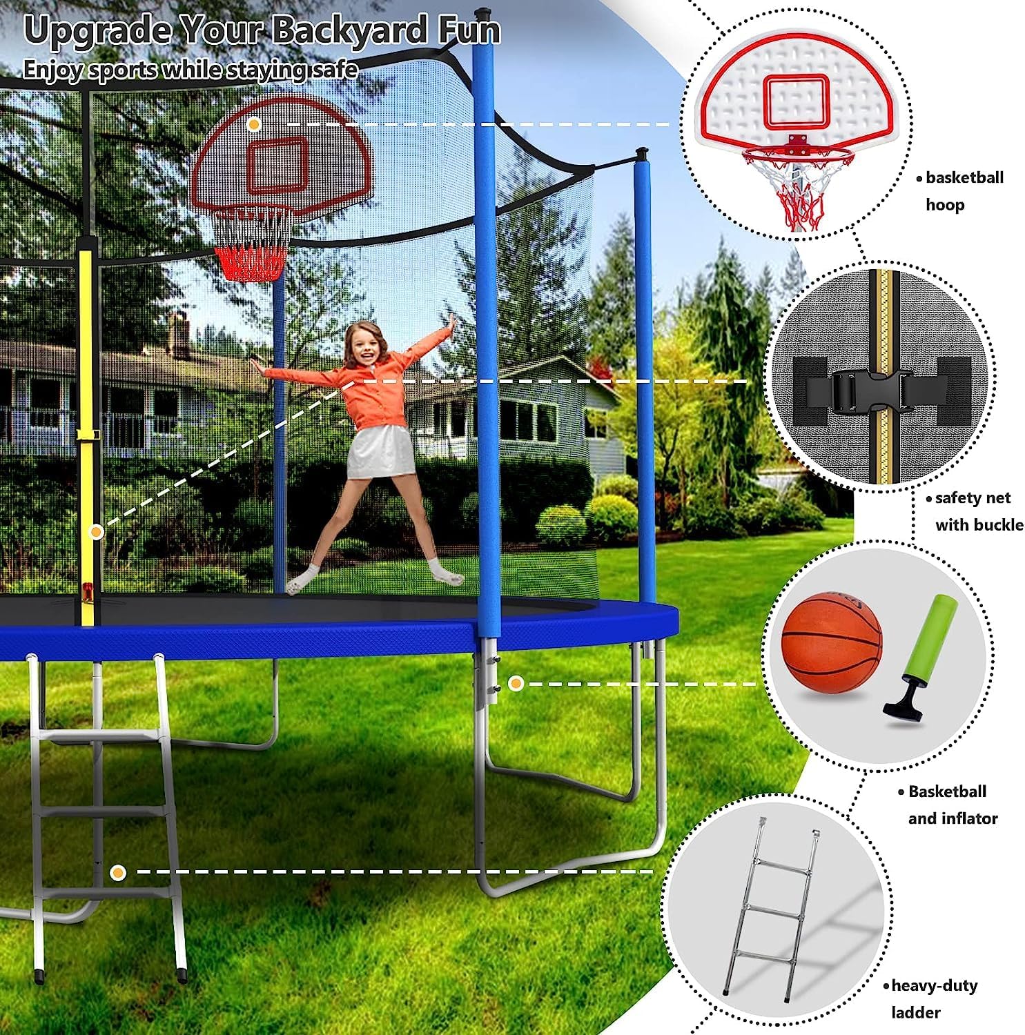 10 12 14 16FT Trampoline Outdoor, Light/Sprinkler/Basketball Hoop | Large Recreational Trampoline for Kids and Adults, Heavy Duty Yard Trampolines with Enclosure Net, ASTM Approval
