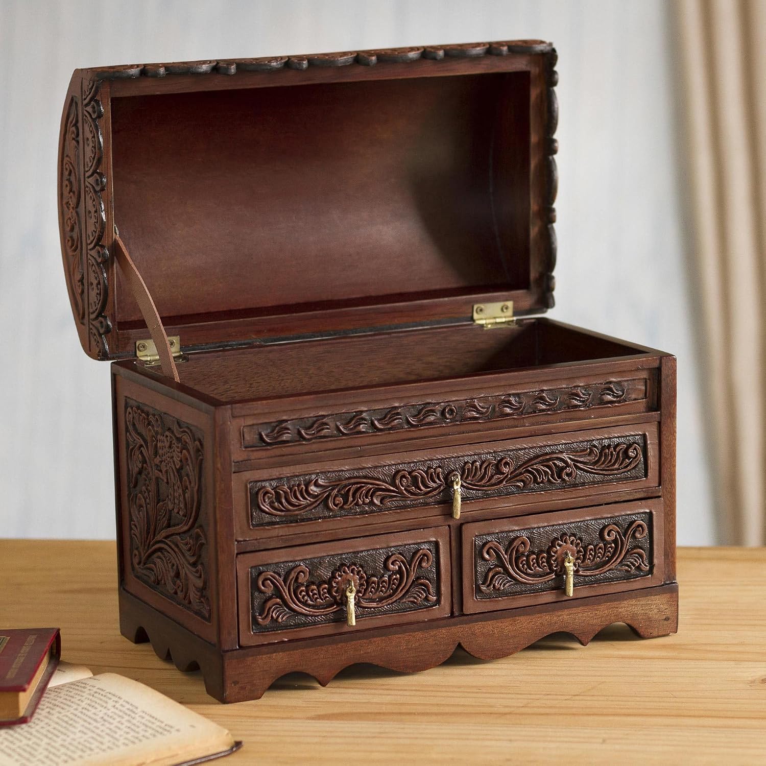 NOVICA Artisan Handmade Leather Cedar Wood Jewelry Chest Bird Pattern from Peru Brown Boxes Colonial Floral Animal Themed [8.25in H x 11.5in W x 6in