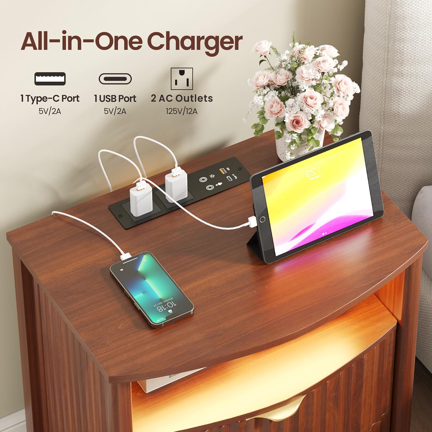 Dystler Fluted LED Night Stand with Hidden Gun Drawer & Charging | 19.7" W Curved Smart Bedside Table, 3-Color LED lights, 2 Drawers, Nightstand with Card-Lock, End Table for Bedroom, Walnut