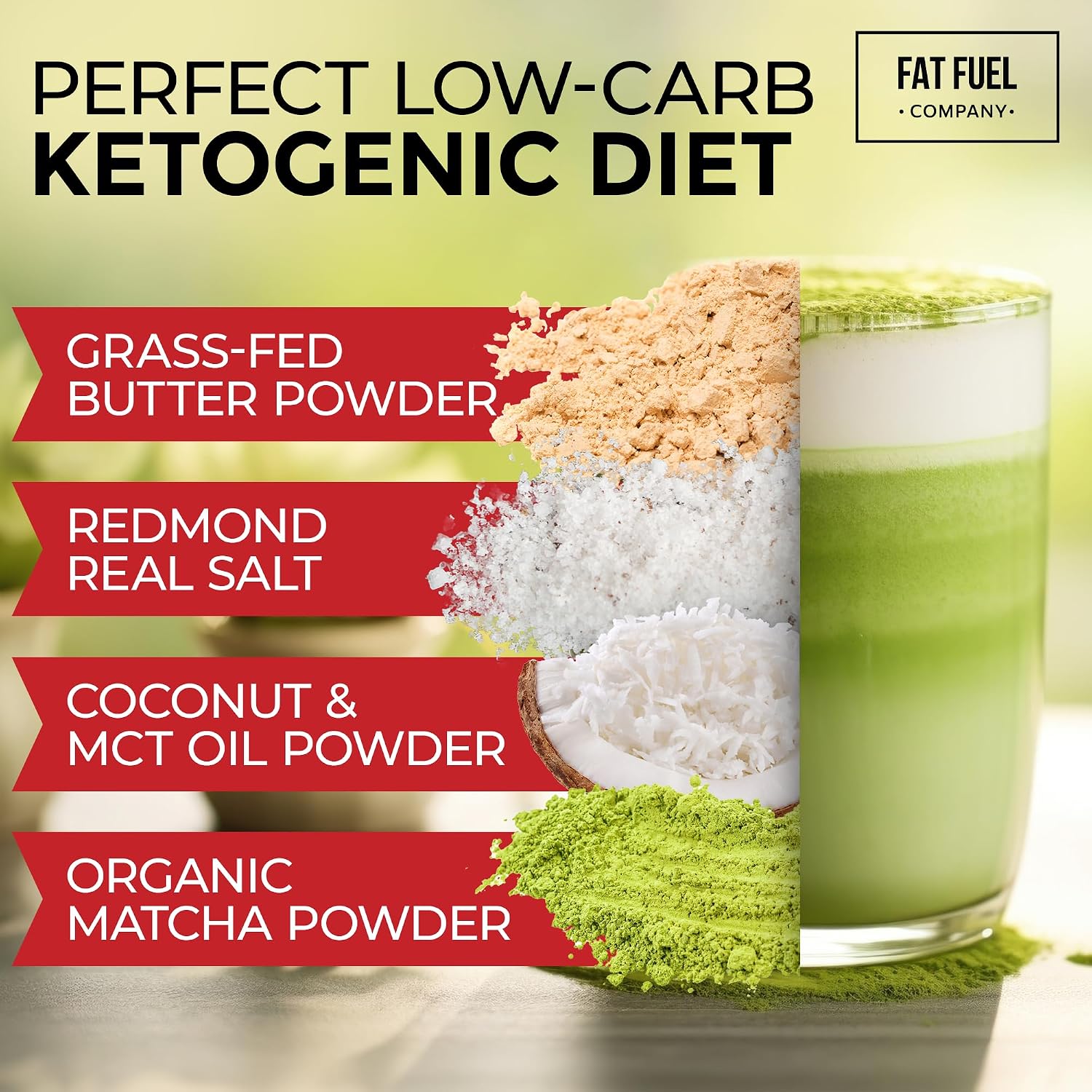 FAT FUEL Keto Matcha 22g Premium Fats - With Grass Fed Butter, MCT Oil, Coconut & Redmond Real Salt - Instant Organic Matcha, Zero Net Carb