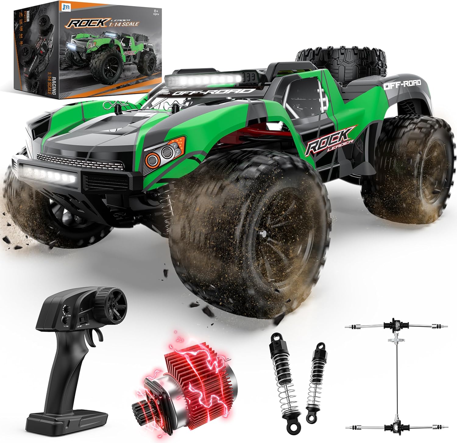 JM Racing 1:12 RC Car, 40KPH 4WD Off-Road Monster Truck for Adults and Kids | Rechargeable Battery, Waterproof RTR Design, LED Lights, Spare Tire