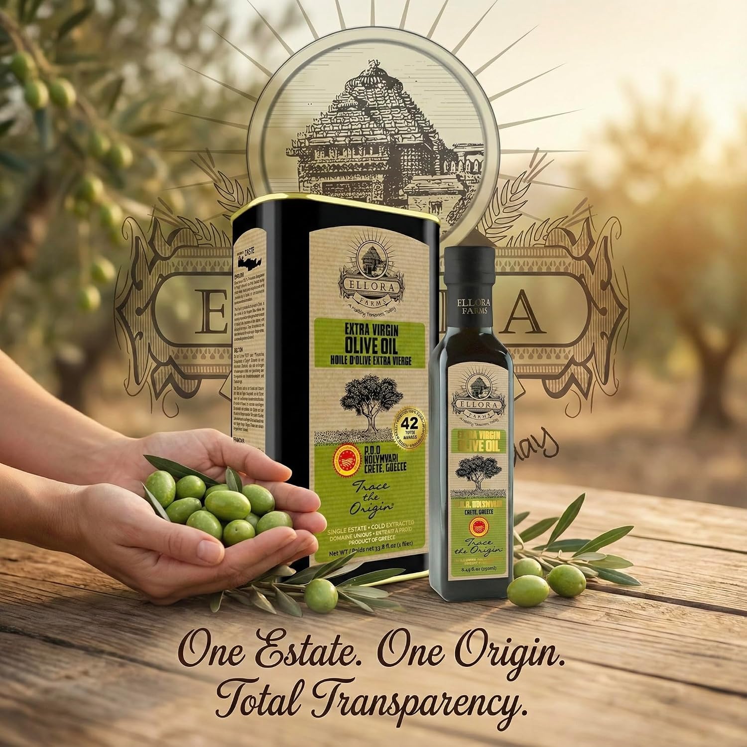 Ellora Farms, Greek Extra Virgin PDO Olive Oil, Traceable and Certified Single Estate, Kosher EK, 33.8 oz. Tin and 8.45 oz. Glass bottle Combo Pack