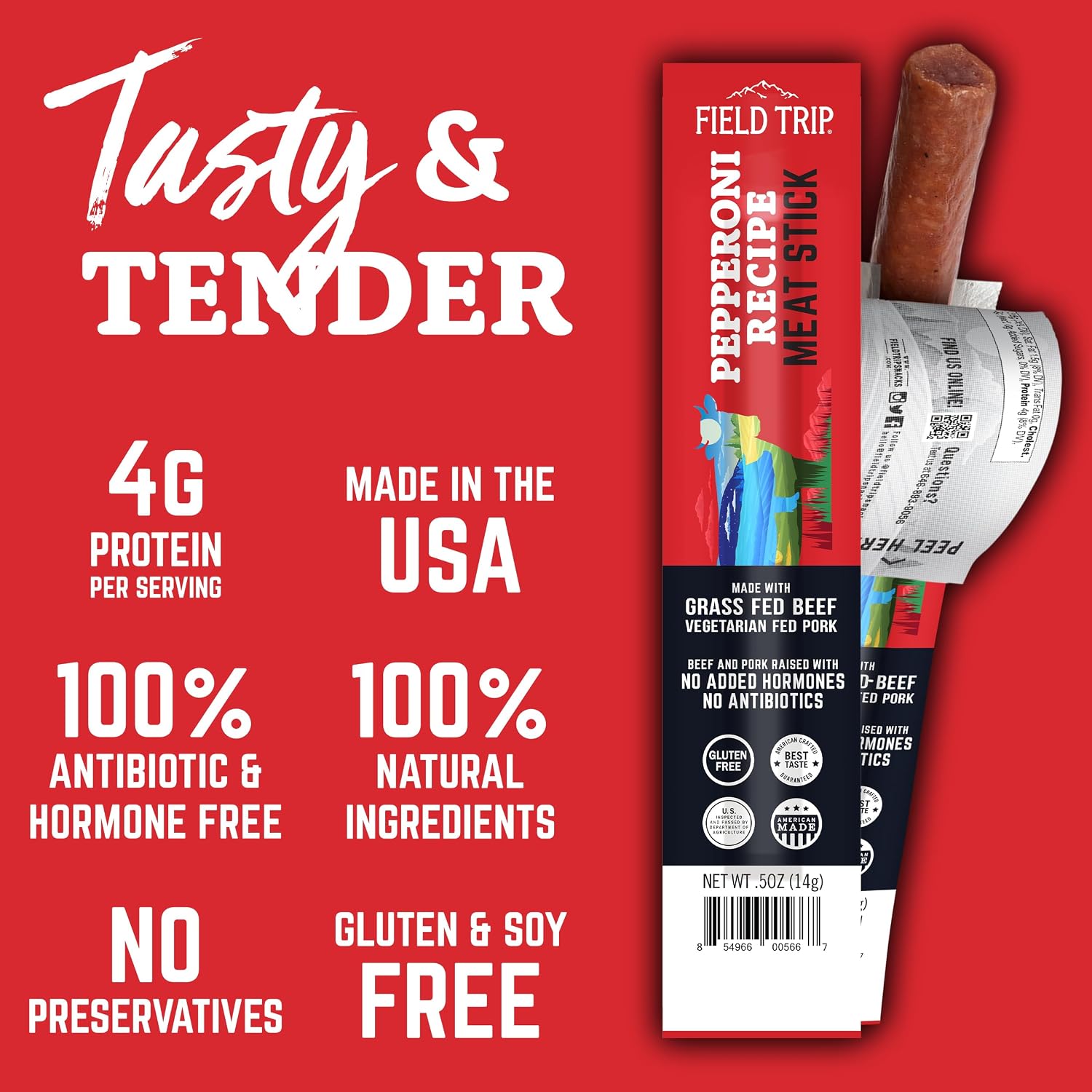 Field Trip Grass Fed Pepperoni Jerky Snack Sticks, Keto, Paleo, Gluten Free, Allergy Friendly Snack, High Protein, 50 Calorie Snack, 0.5oz, 24 Pack | Grass Fed, Keto, Paleo, Gluten Free, Allergy Friendly Snack, High Protein, 50 Calorie Snack