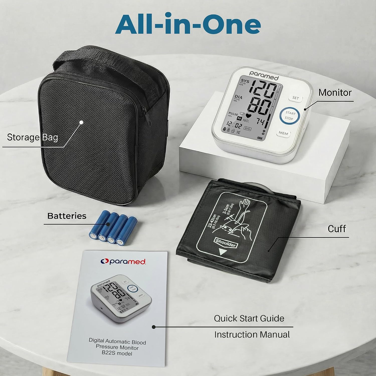 Paramed Blood Pressure Monitor - Bp Machine - Automatic Upper Arm Blood Pressure Cuff 8.7-16.5 inches - Large LCD Display 120 Sets Memory - Device