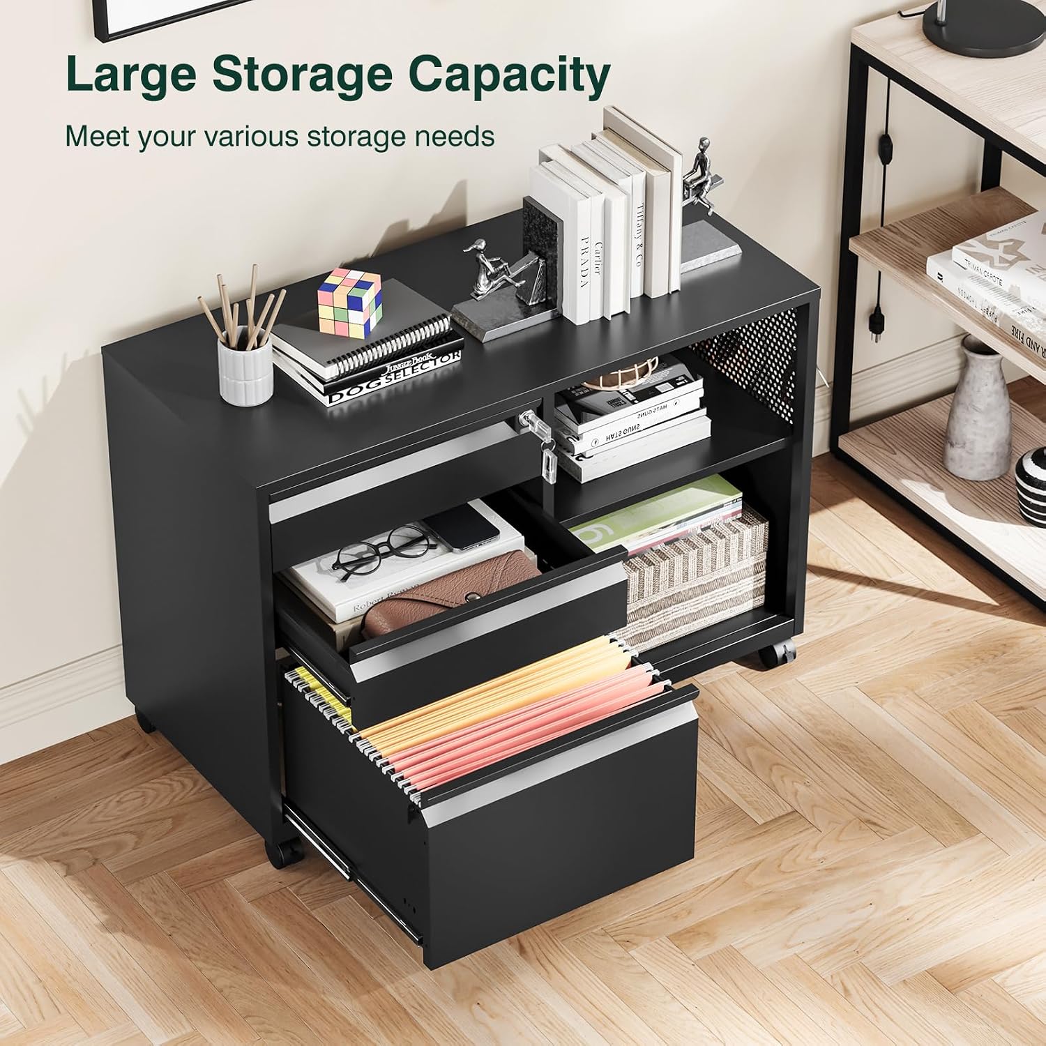 3 Drawer File Cabinet with Lock,Mobile Lateral Filing Cabinet with Side Hook for Letters/Legal/A4, Metal Printer Stand Storage Cabinets with Shelves for Home Office(Black)