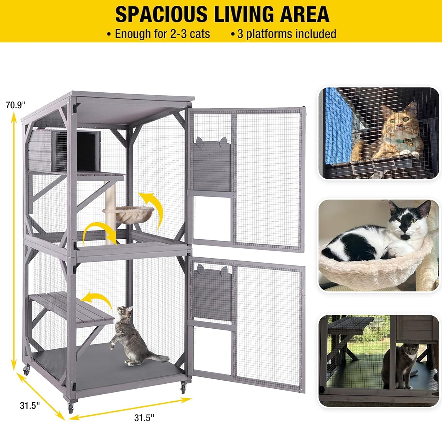 Aivituvin Cat House Outdoor Cat Catio Wooden Large Enclosure with Run on Wheels 70.9" Upgraded Version Catio with Reinforcement Strip
