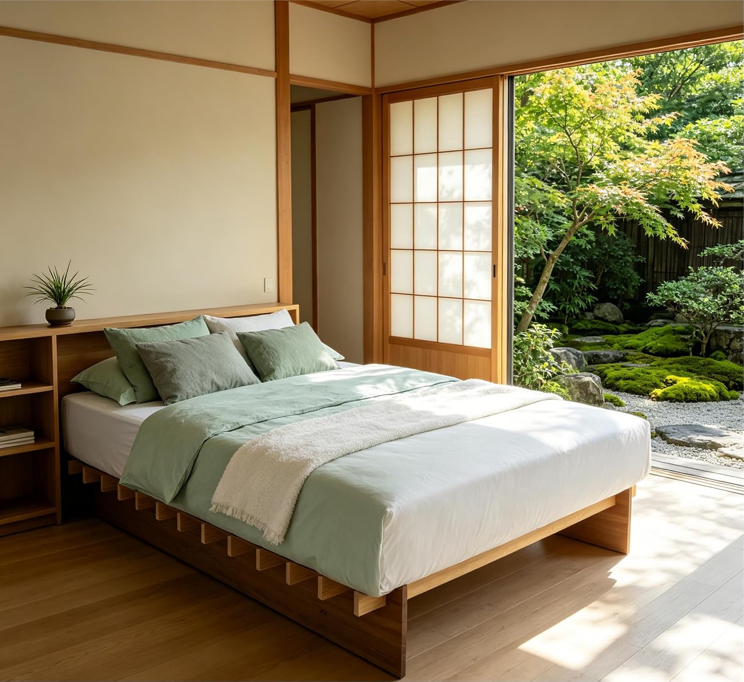 Brafab Tooless Queen Bed Frame, Wooden Japanese Joinery Platform Bed Frame | Wood Slat Support, Assembly in 10 Min, 8" Underbed Storage, No Box Spring Needed, Noise Free, Kid-Friendly Design, Natural