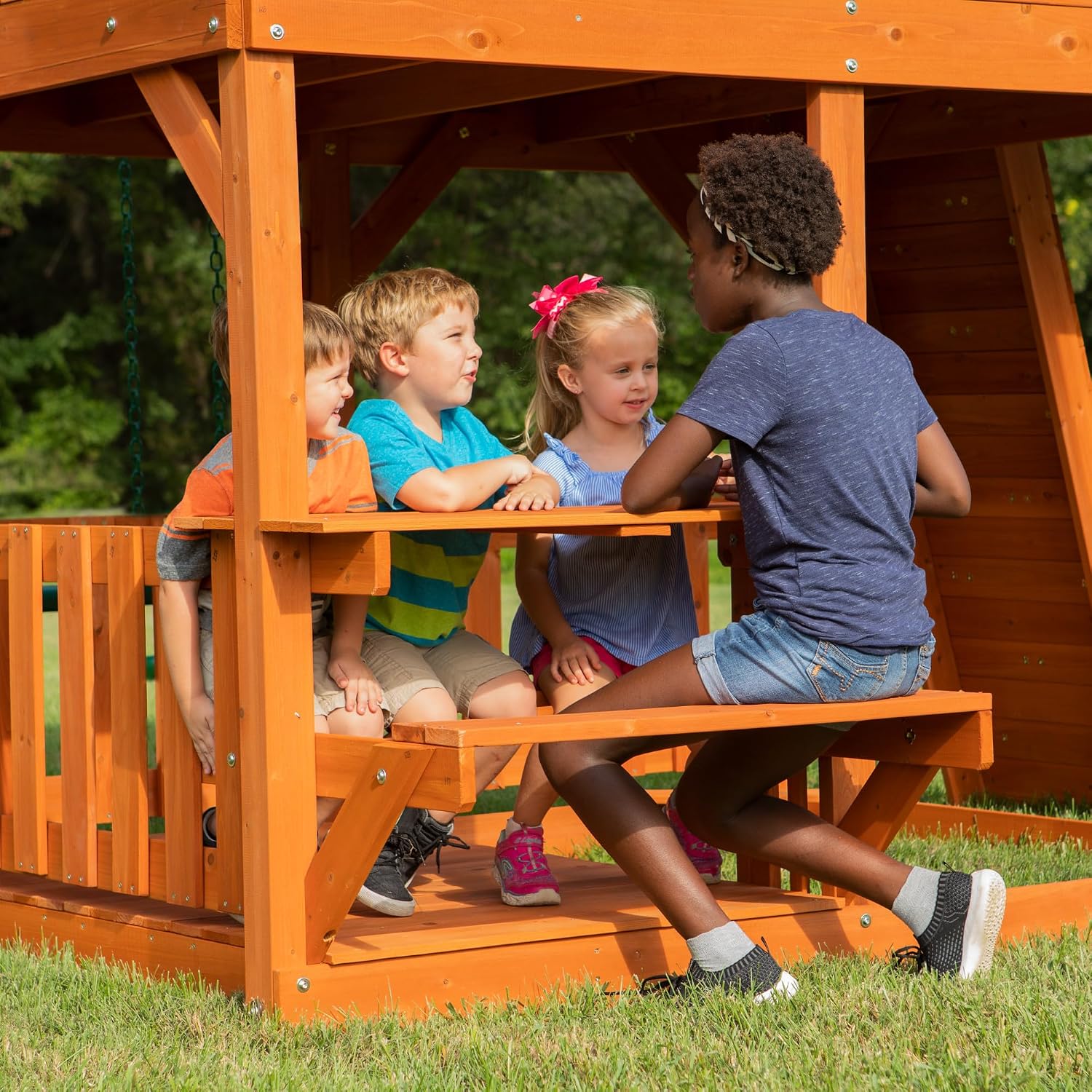 Backyard Discovery Skyfort II Cedar Wood Swing Set with Wave Slide, Raised Clubhouse, Crow's Nest, Monkey Bars, Balcony, Belt Swings, Trapeze