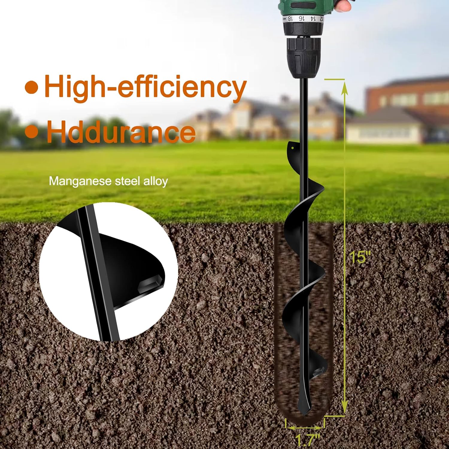 LONGRUN Auger Drill Bit for Planting-1.7"x15" Planting Auger, Garden Spiral Hole Drill Bulb Planter Tool for Planting, Bedding Plants, Flowers