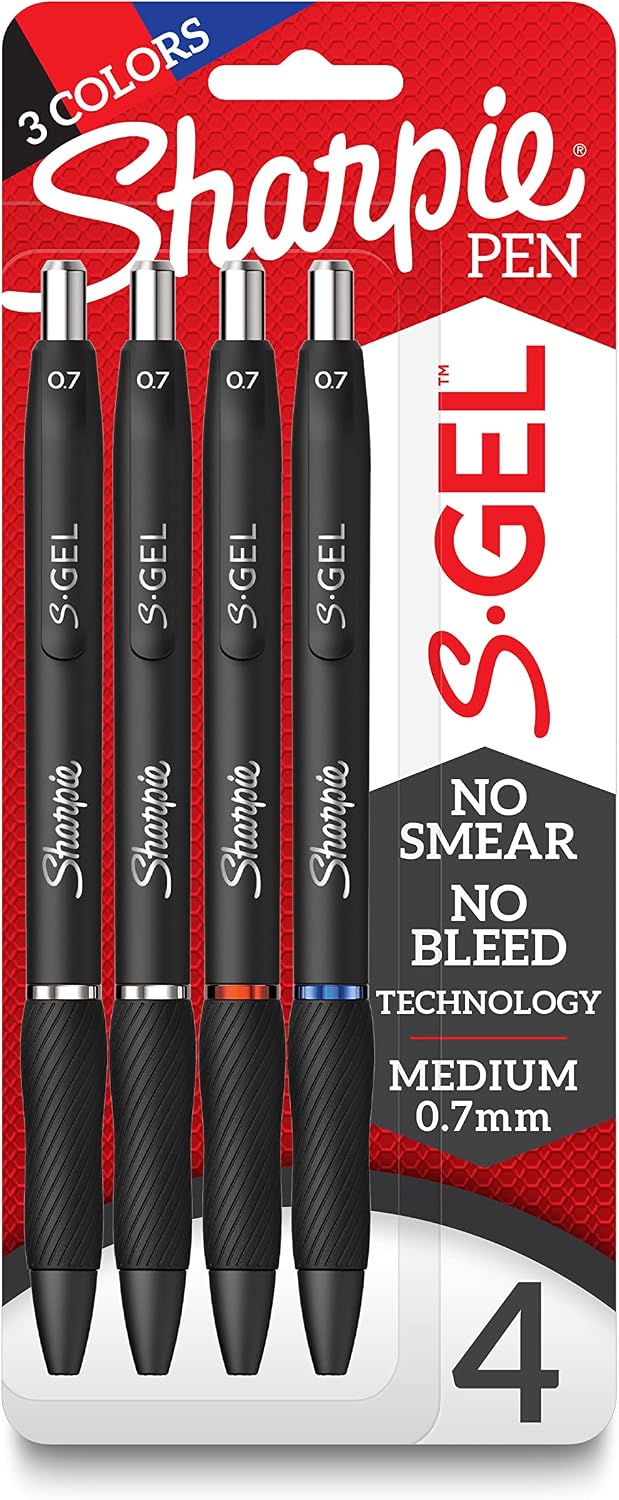 Sharpie S-Gel Gel Pens, Black Barrel, Medium Point (0.7mm), Assorted Ink Colors, 4 Count - Writing, Note-Taking, Journaling, School Supplies