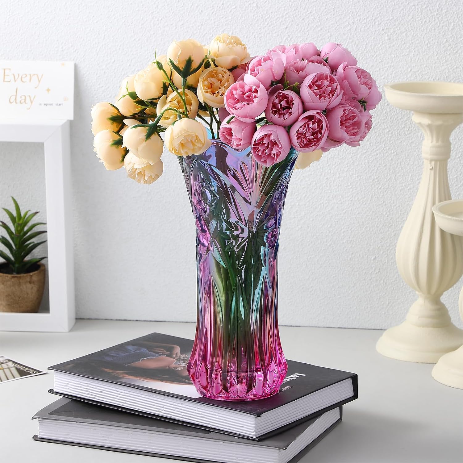 Rainbow Glass Vase Wide Mouth Glass Colorful Vase for Bookshelf Dinner Table Indoor Office Desktop Meeting Room Bathroom Countertop Iridescent