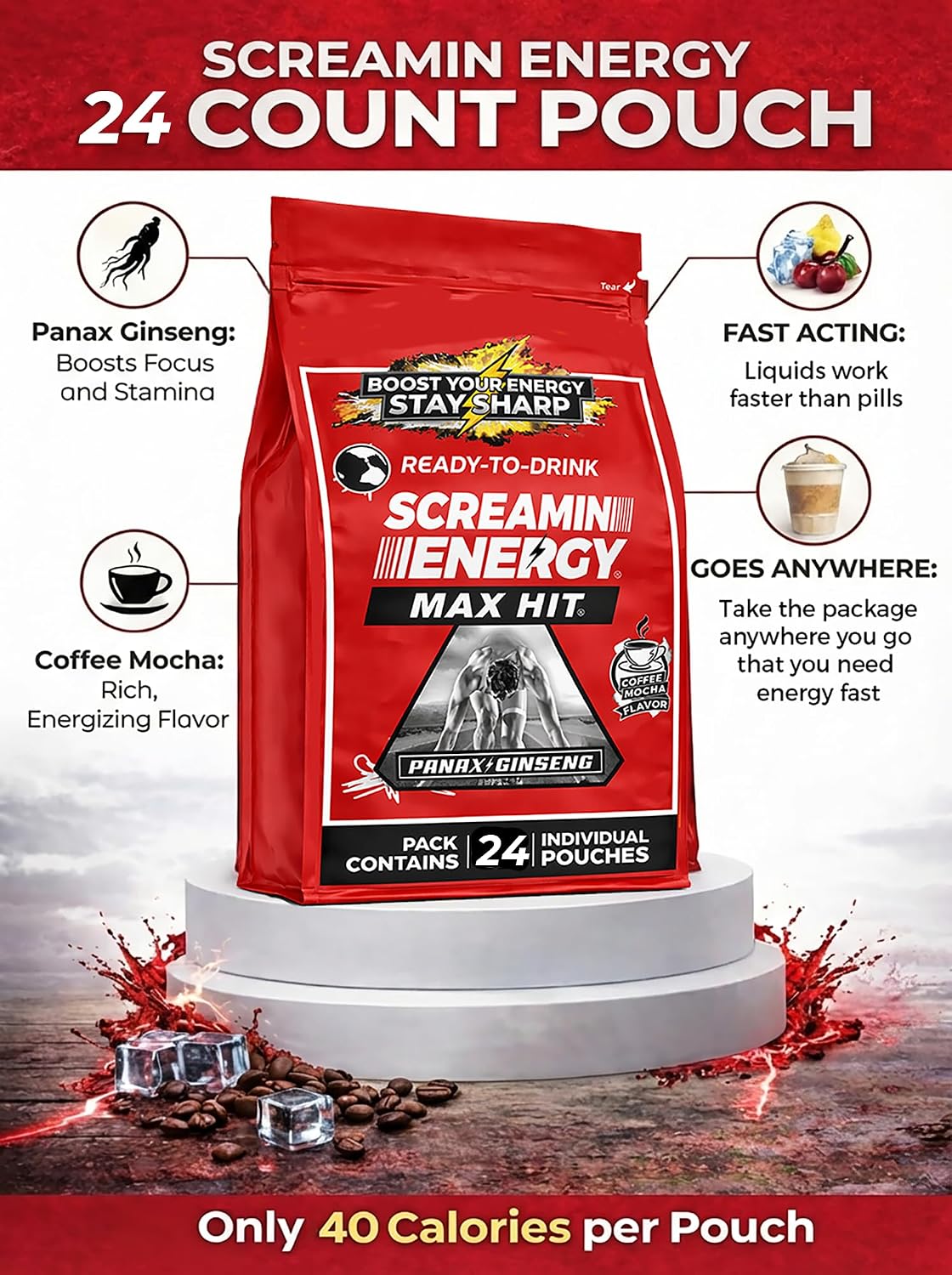 Screamin Energy Max Hit Coffee Mocha Energy Shot Pouches, 24 Count, Extra Strength Caffeine with Panax Ginseng and B Vitamins