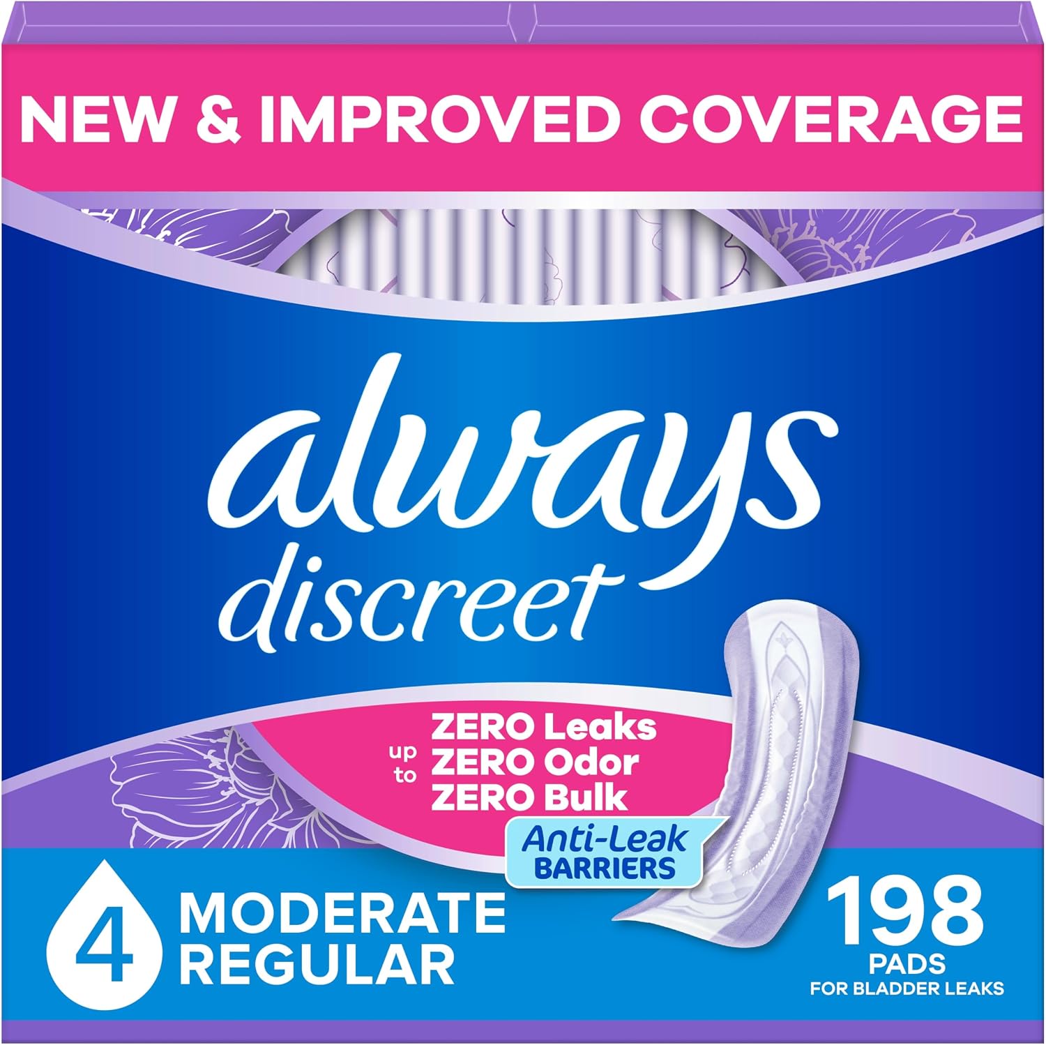 Always Discreet Adult Incontinence Pads for Women, Drier, 4 Drop Long Length, Moderate Absorbency, Pads for Bladder Control Management, Bladder Leaks, & Postpartum Pads, 54ct