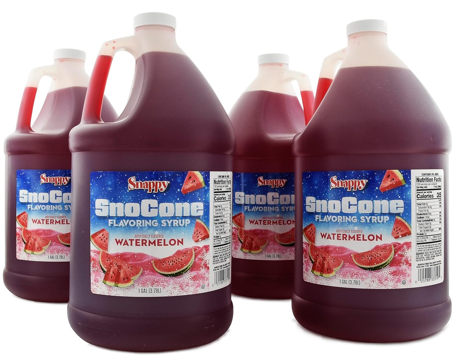 Snappy Watermelon Sno Cone Syrup, 1 Gallon 4 Pack, Ready to Use for Snow Cone Machines and Shaved Ice