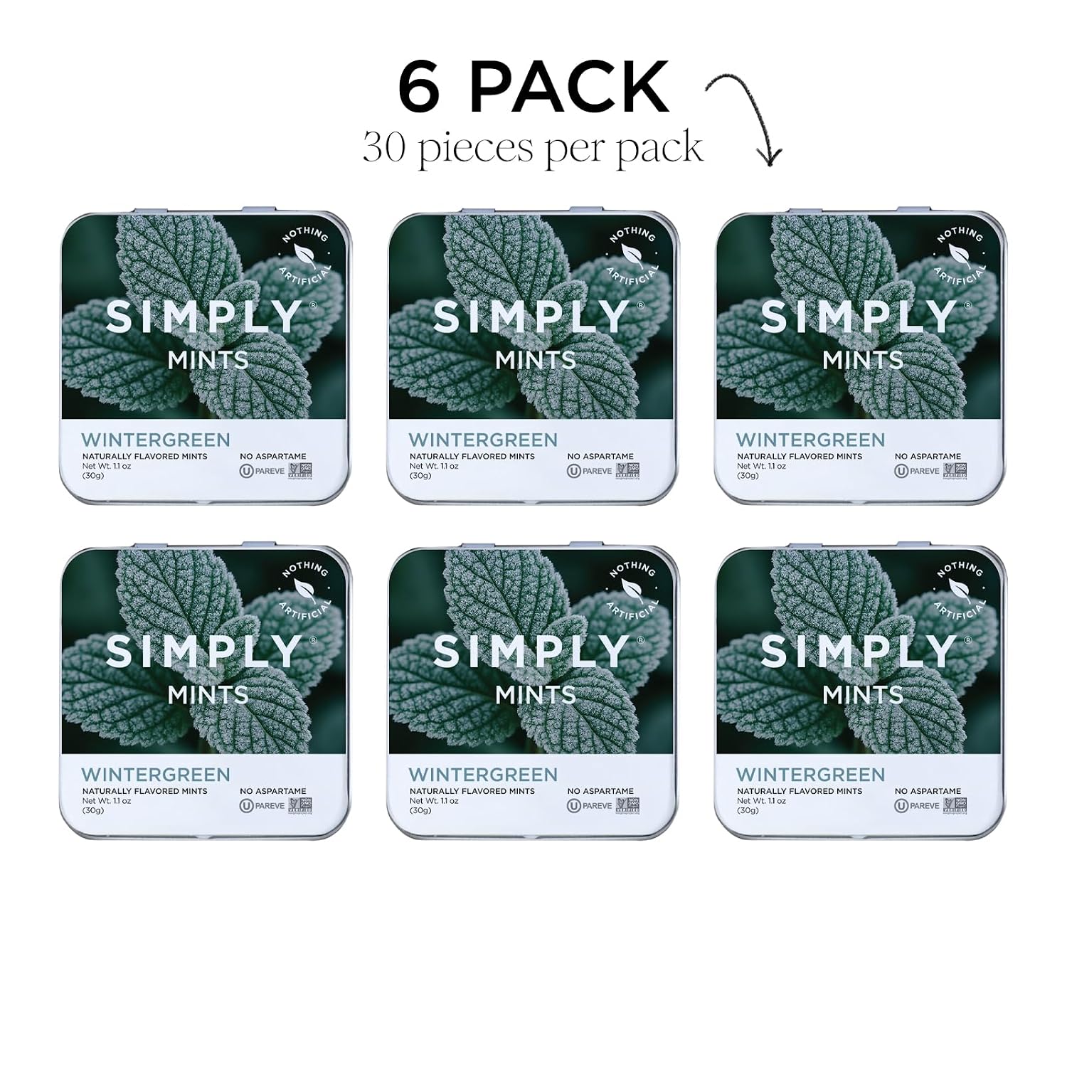 SIMPLY MINTS Natural Peppermint Breath Mints, 6 Pack (180 Pieces), Made With Real Peppermint Oil | Aspartame-Free, Sorbitol-Free, Xylitol-Free, Vegan, Kosher, Non-GMO