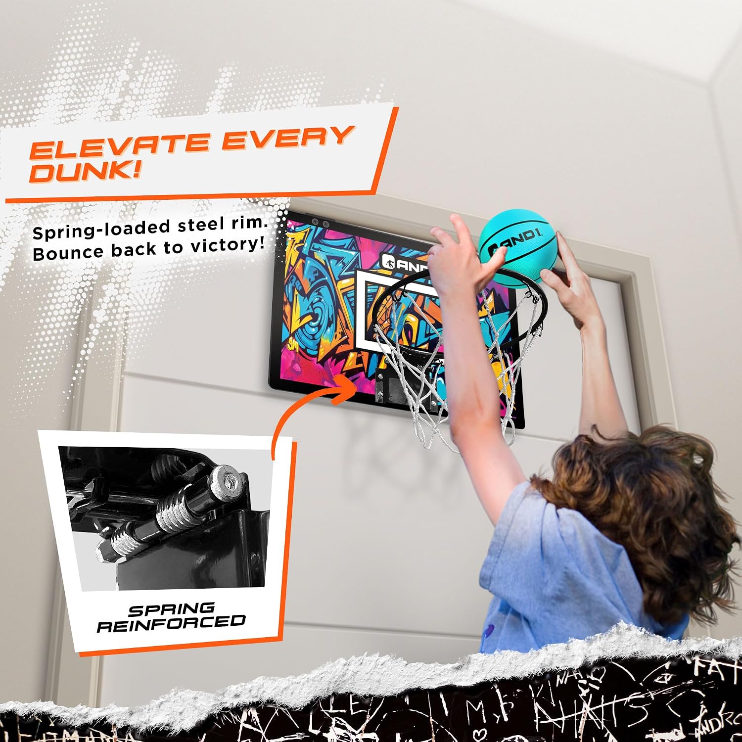 AND1 Over the Door Mini Basketball Hoop: 18x12 Shatterproof Backboard, 2 Mini Basketballs