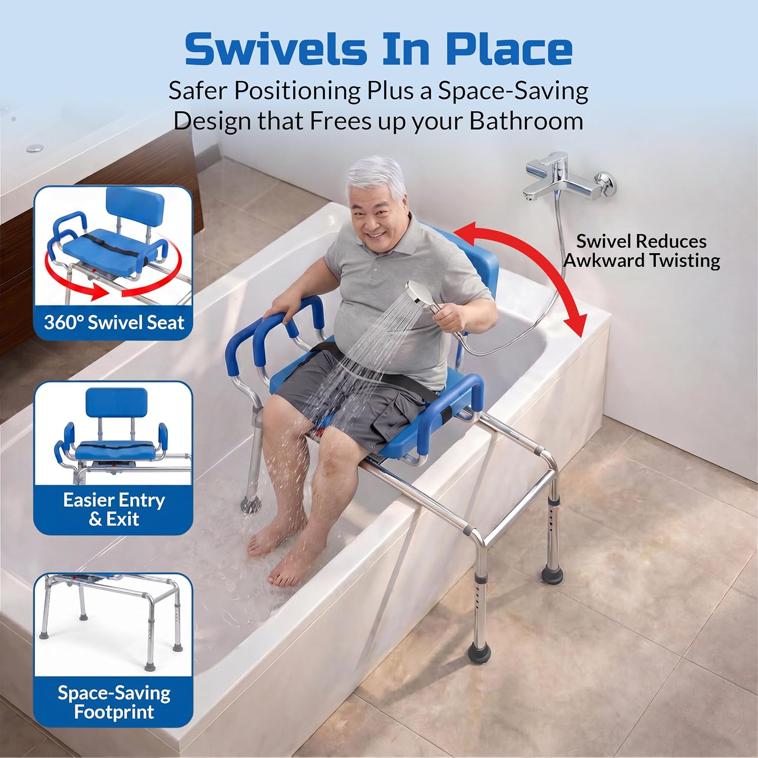 Carousel Sliding Shower Chair Tub Transfer Bench with Swivel Seat Elderly | Slide Safely In & Out of the Tub - Blue, padded seat, padded armrests, swivel seat, backrest, portable, tool-free assembly