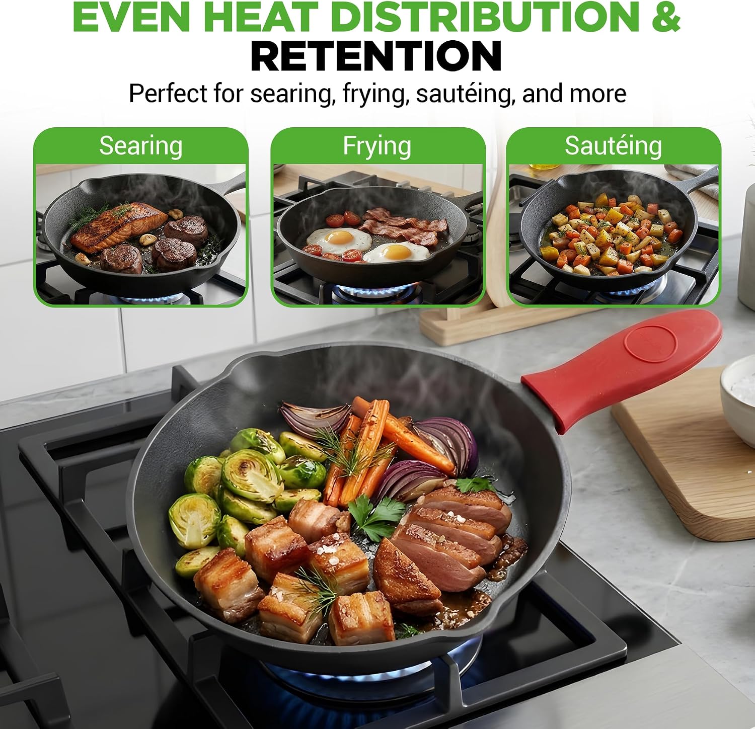 NutriChef 10 Inch Cast Iron Skillet with Lid - Pre-Seasoned Small Fry Pan with Side Drip Spout and Silicone Handle