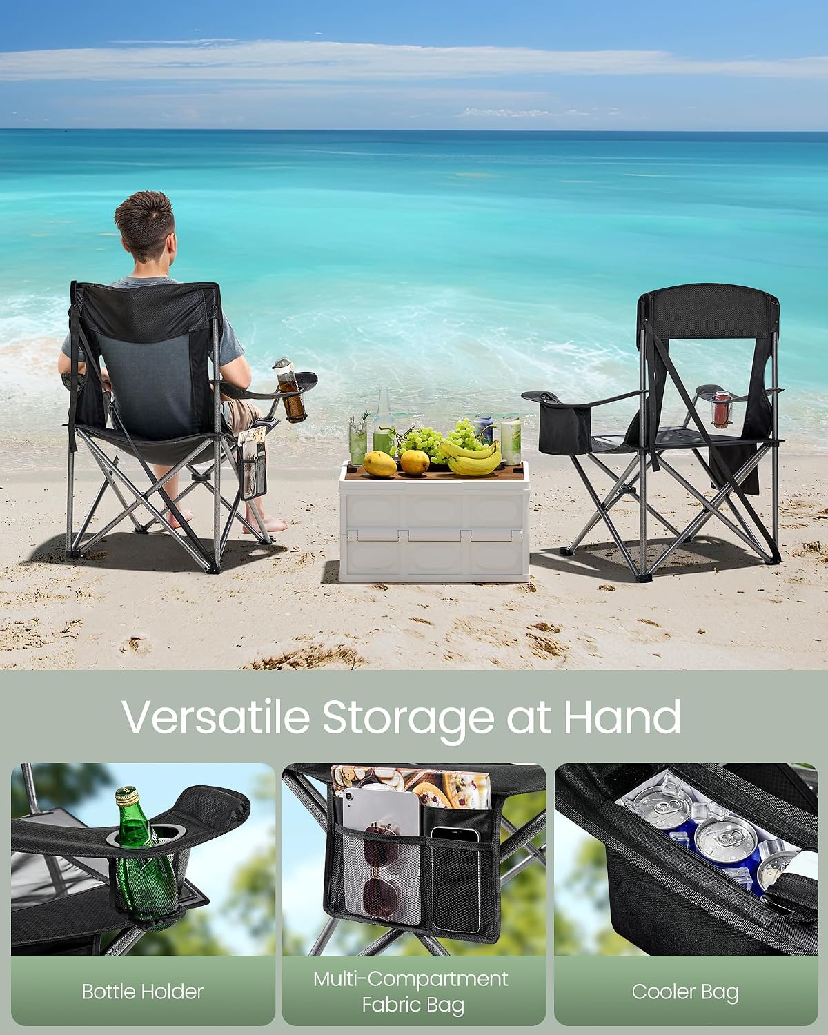 SONGMICS Camping Chair, Folding Oversized Chair, Comfortable and Heavy-Duty, 352 lb Weight Capacity, Adjustable Armrests with Cooler Bag, Storage Bag, Breathable Mesh, Bijou Blue UGCB060Q01