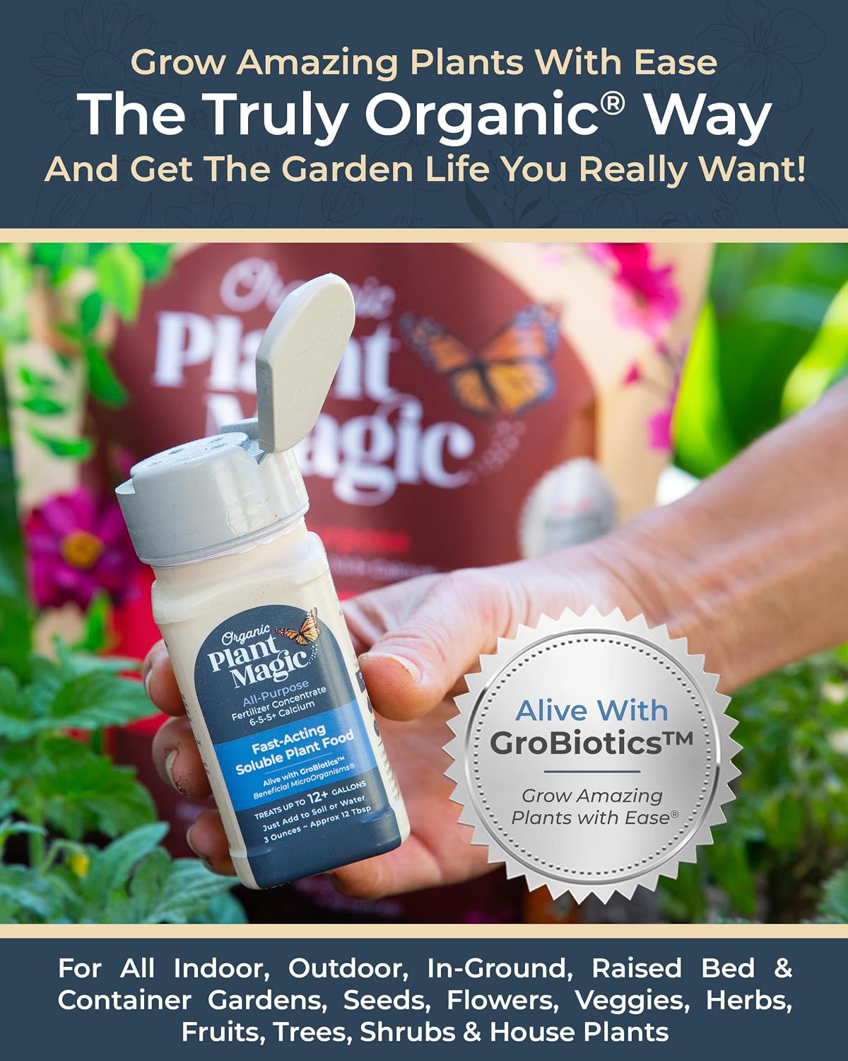 Organic Plant Magic Fertilizer & Plant Food for House Plants & Garden 1/2lb | Makes 32+ Gal of Organic Water Soluble Fertilizer for Plant Growth use on Vegetables, Flowers, Gardens & Indoor House Plants