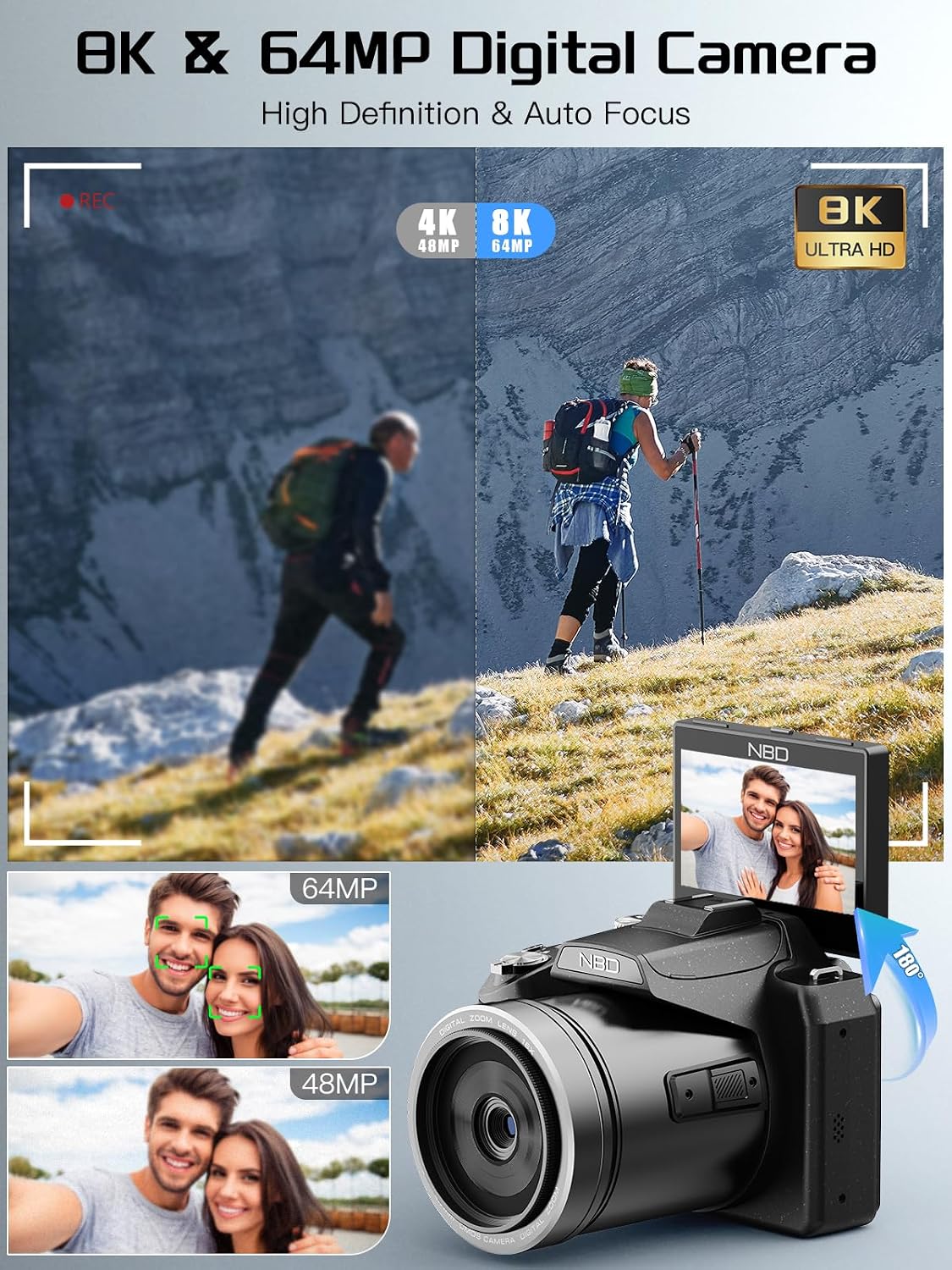 64MP 8K Cameras for Photography with 2.8" Flip Screen & Hot Shoe, 16X Zoom, WiFi, Autofocus – Vlogging Camera for YouTube