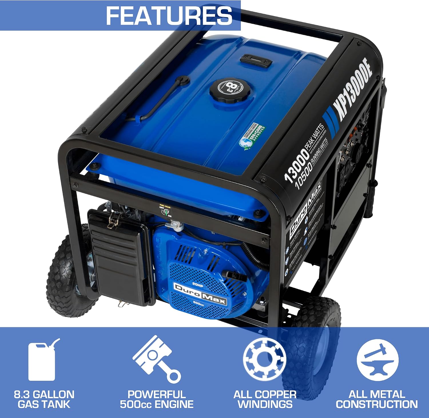 DuroMax XP12000EH 12,000-Watt Dual Fuel Portable Generator – Gas & Propane, Electric Start, Whole Home Backup Power, Transfer Switch Ready, RV & Emergency Ready