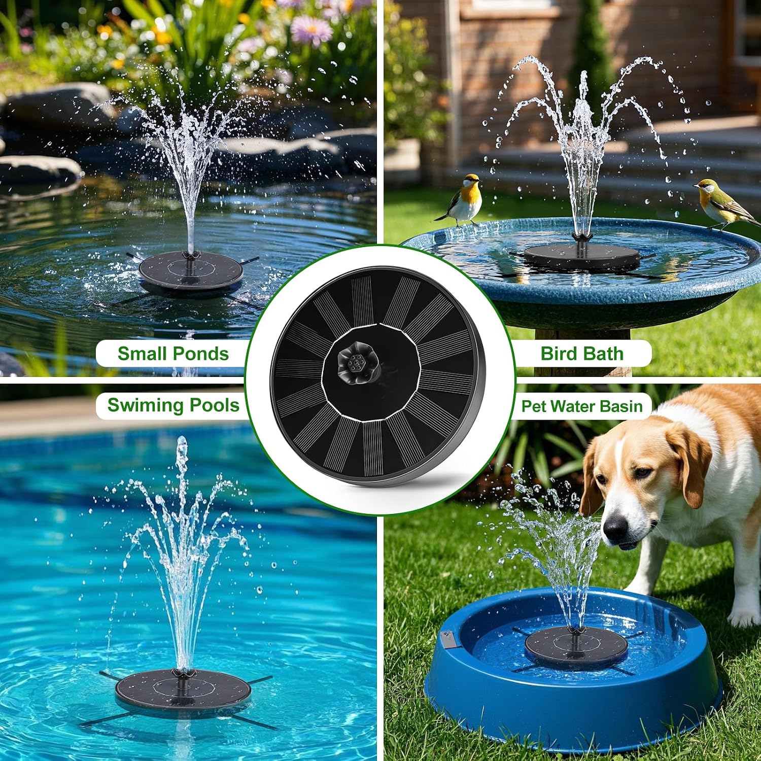SEIRMEP Solar Fountain Pump with Spray Height Adjustment, Upgrade Glass Solar Bird Bath Fountains with 6 Nozzles