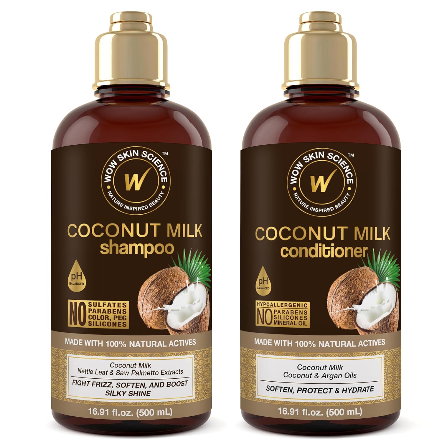 WOW Skin Science Coconut Milk Shampoo and Conditioner Set - Shampoo & Conditioner for Curly Hair - Paraben Sulfate Free - 33.82 Fl Oz