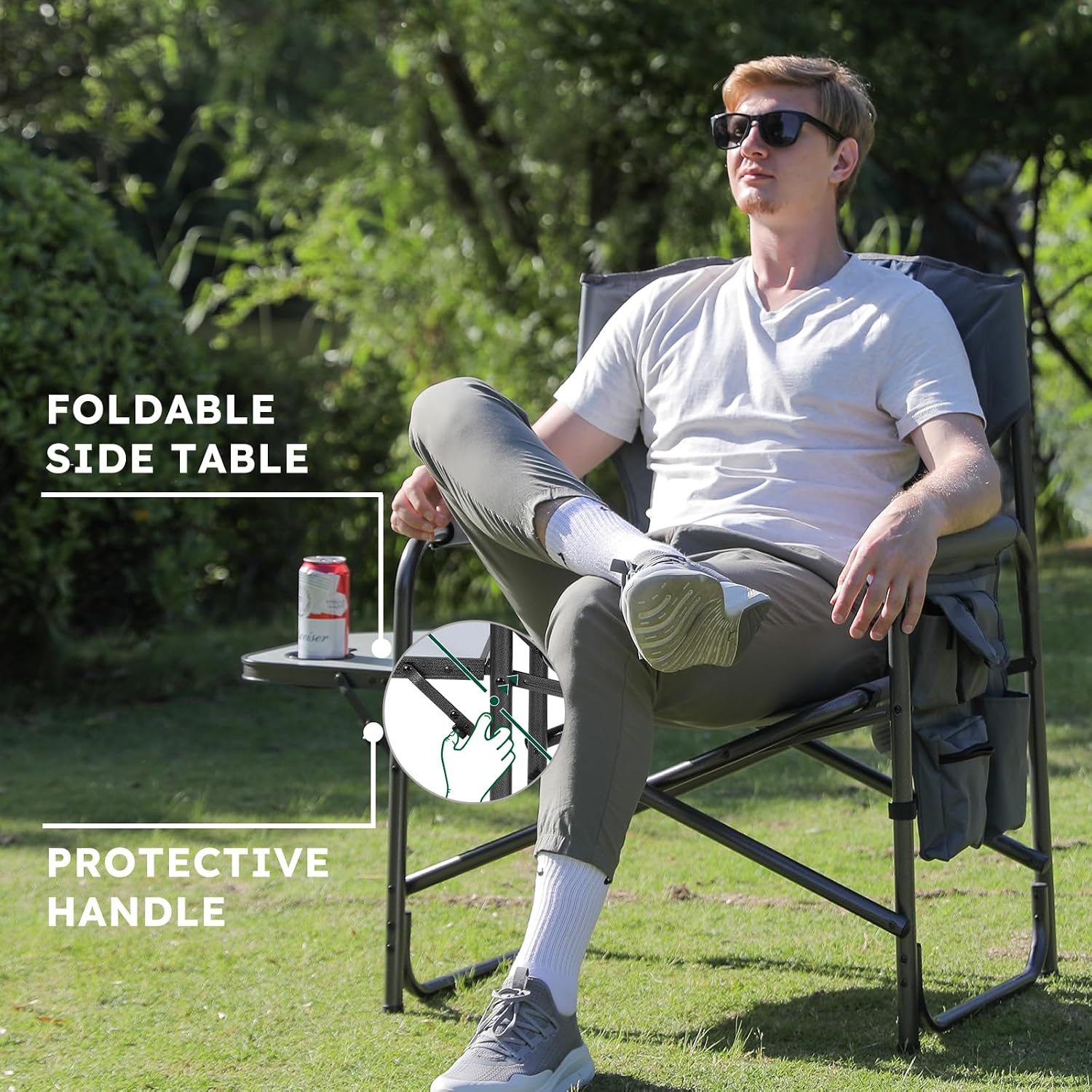 Colegence Oversized Directors Camping Chair for Adults, 600 lb, Black | Heavy duty folding outdoor chair with 28" wide seat, supportive back, side table, cup holder and detachable storage pocket