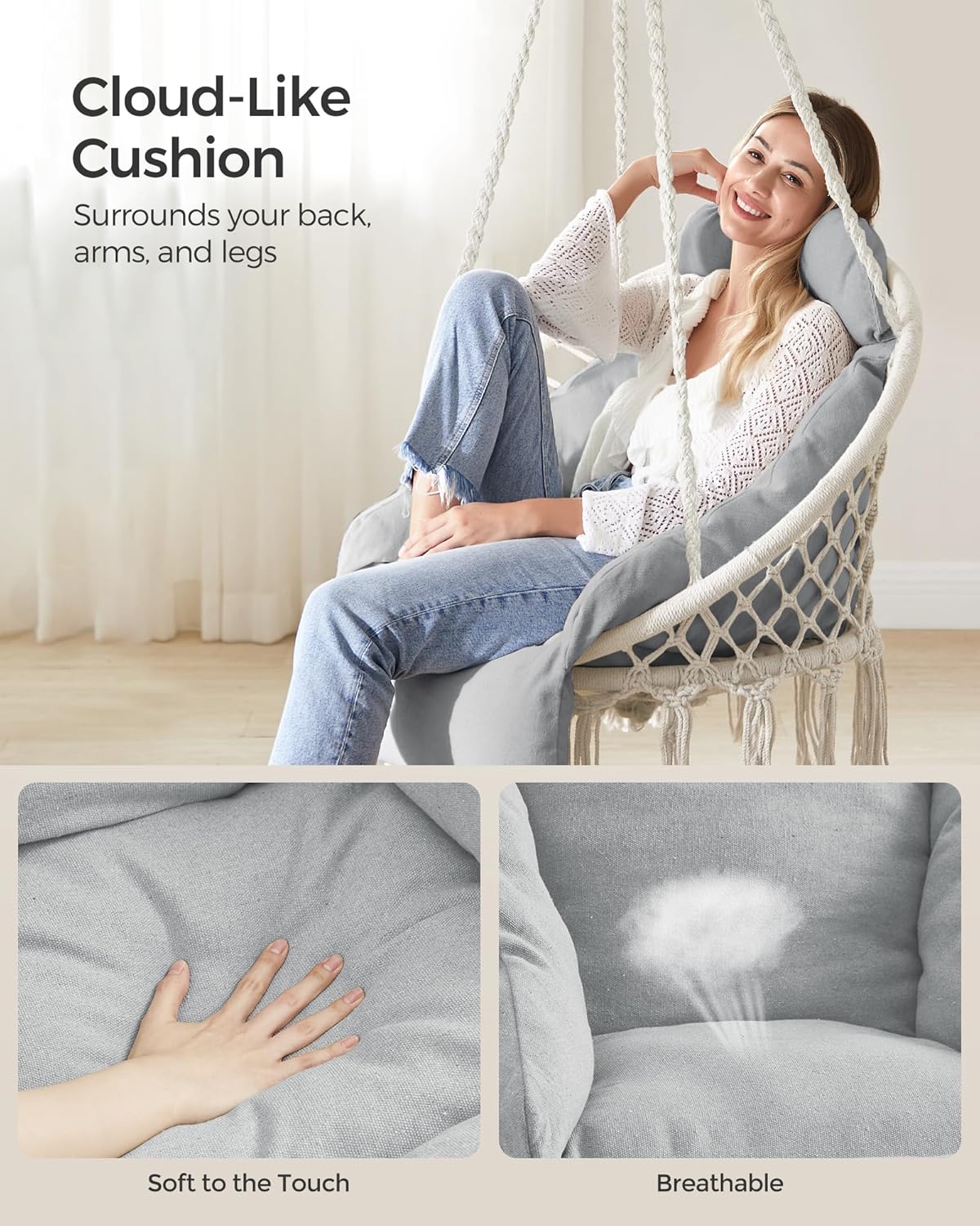 SONGMICS Hanging Chair, Boho Swing Chair with Large, Thick Cushion