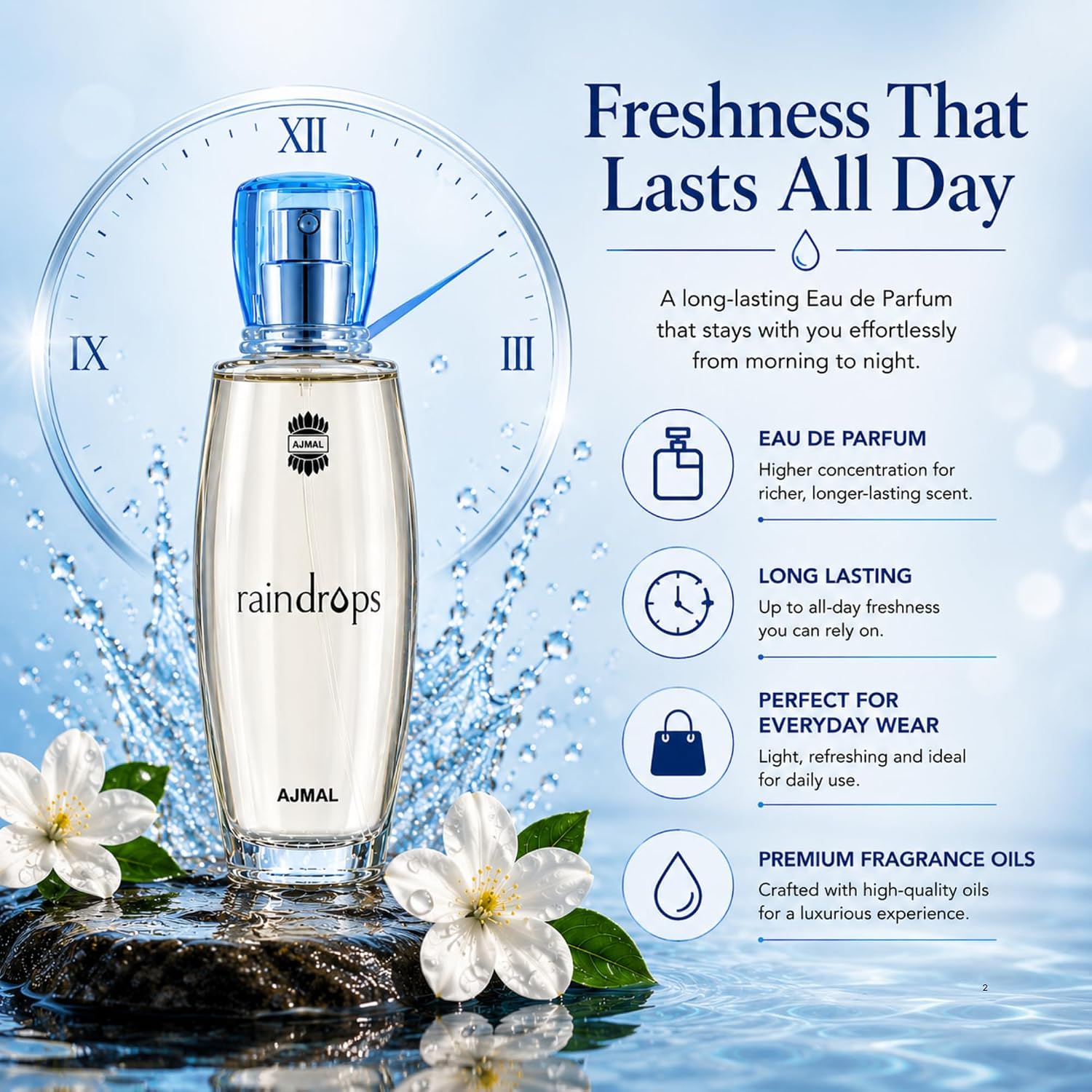 Ajmal Rain Drops EDP for Women, 1.7 fl oz / 50 ml | Fresh floral and fruity inspired by ocean breeze. Long-lasting and ideal for everyday elegance.