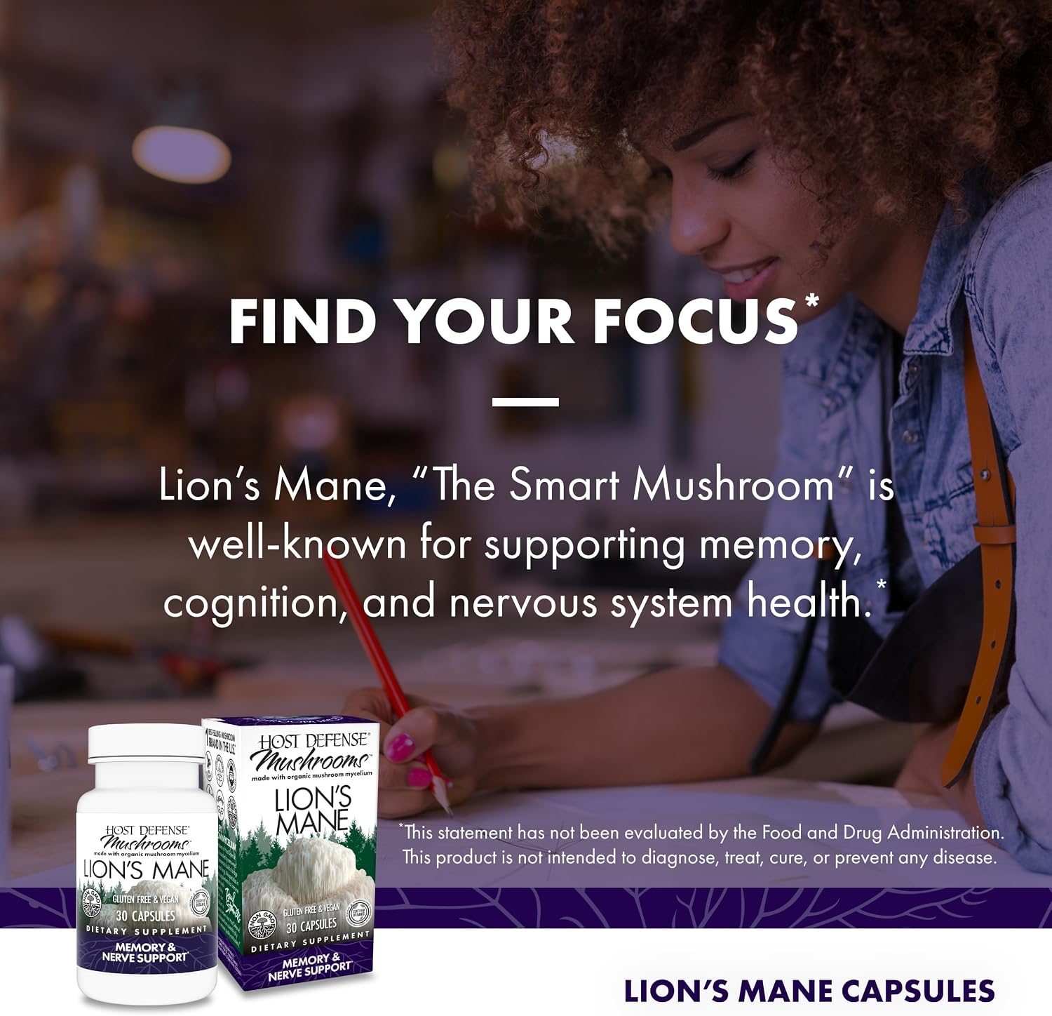 Host Defense Mushrooms Lion's Mane - Brain Health Support Supplement for Focus & Memory Function - Immune & Nervous System Support Supplement- 30 Capsules