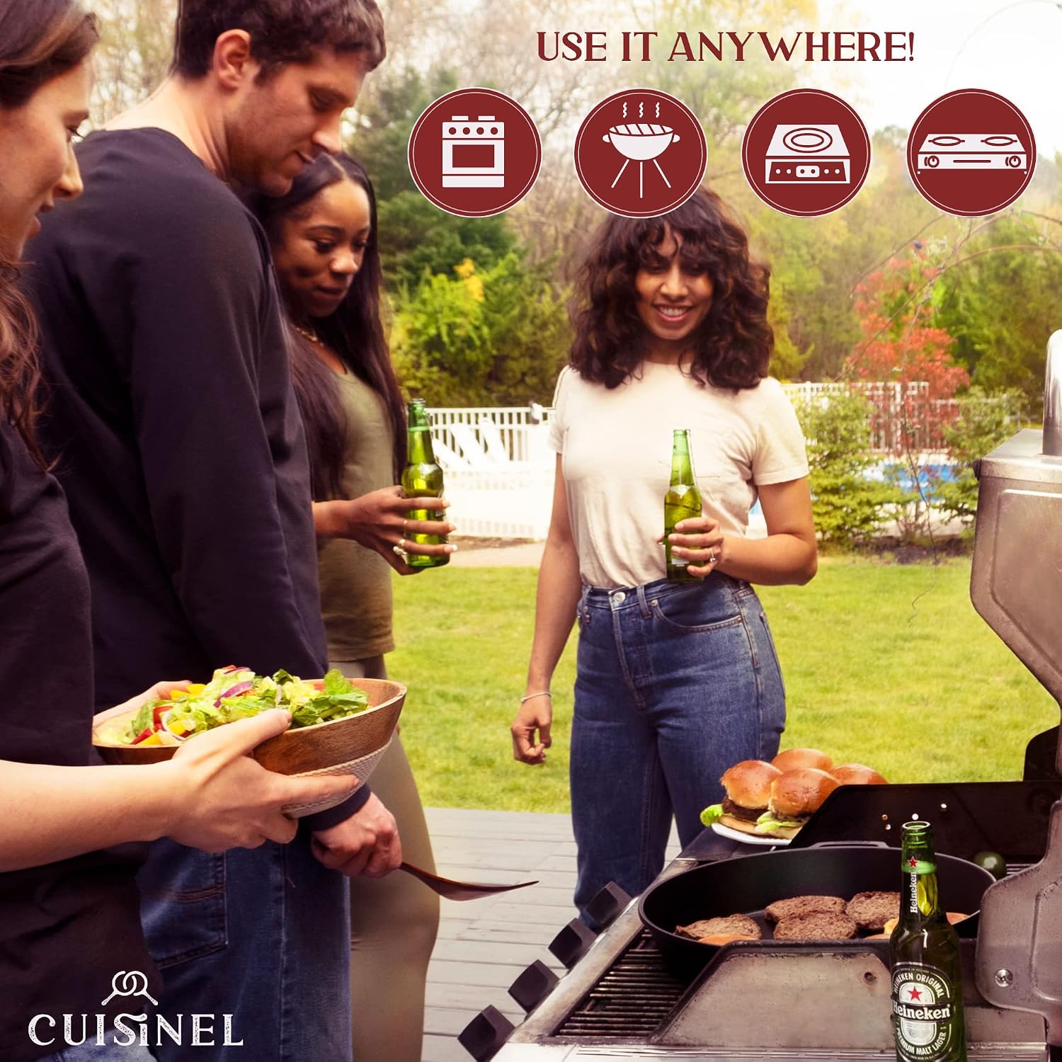 Cuisinel Cast Iron Skillet with Lid - 10"-Inch Pre-Seasoned Frying Pan + Glass Cover + Heat-Resistant Handle Holder - Indoor/Outdoor Use - Grill, Stove, Camp Firepit, Induction - Oven Safe Cookware