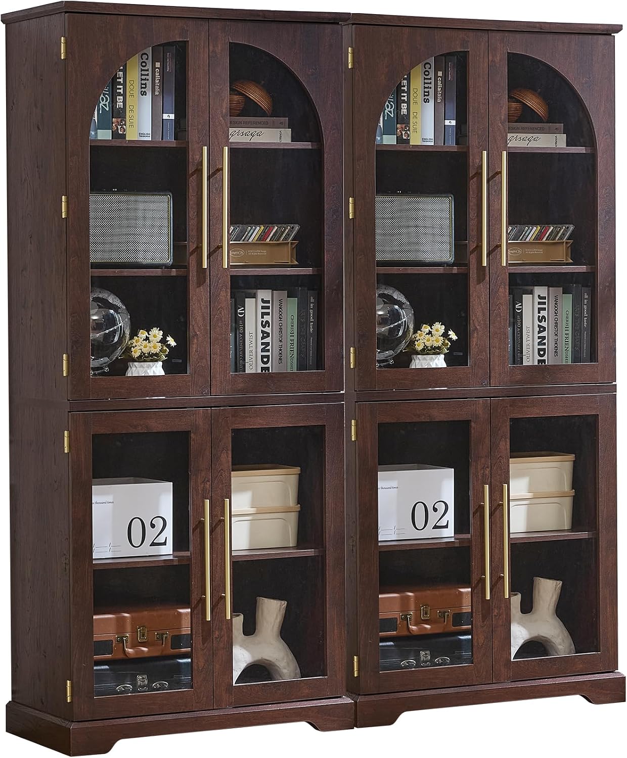 Joaxswe 72" Tall Bookshelf with 4 Curved Glass Doors, Farmhouse Bookcase with 3-Tier Adjustable Shelves, Modern Living Room Display Cabinet, Large Storage Cabinet for Home Office,Dining Room, Natural